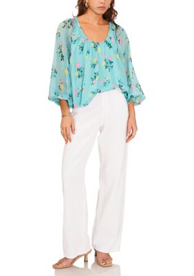 Women's Blouson Sleeve Round Neck Floral Blouse