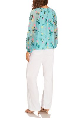 Women's Blouson Sleeve Round Neck Floral Blouse