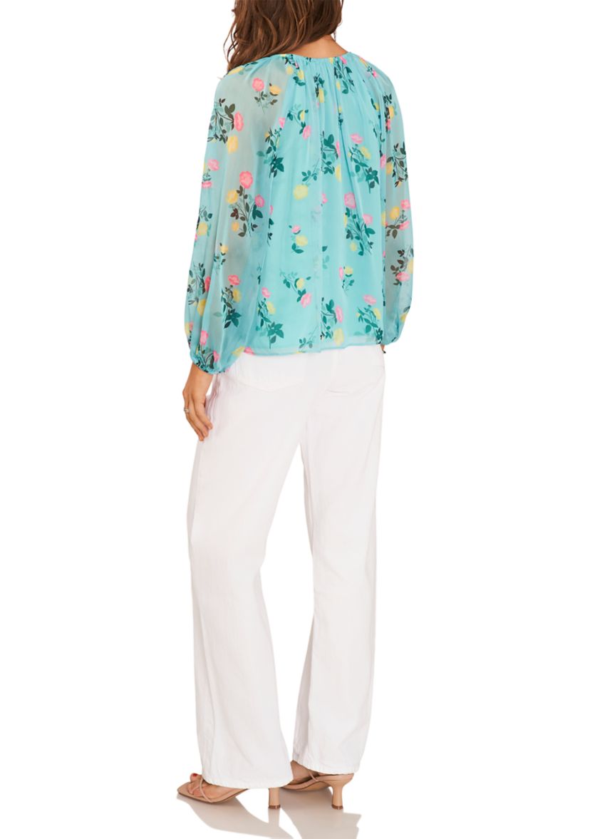 Womens Blouson Sleeve Round Neck Floral Blouse