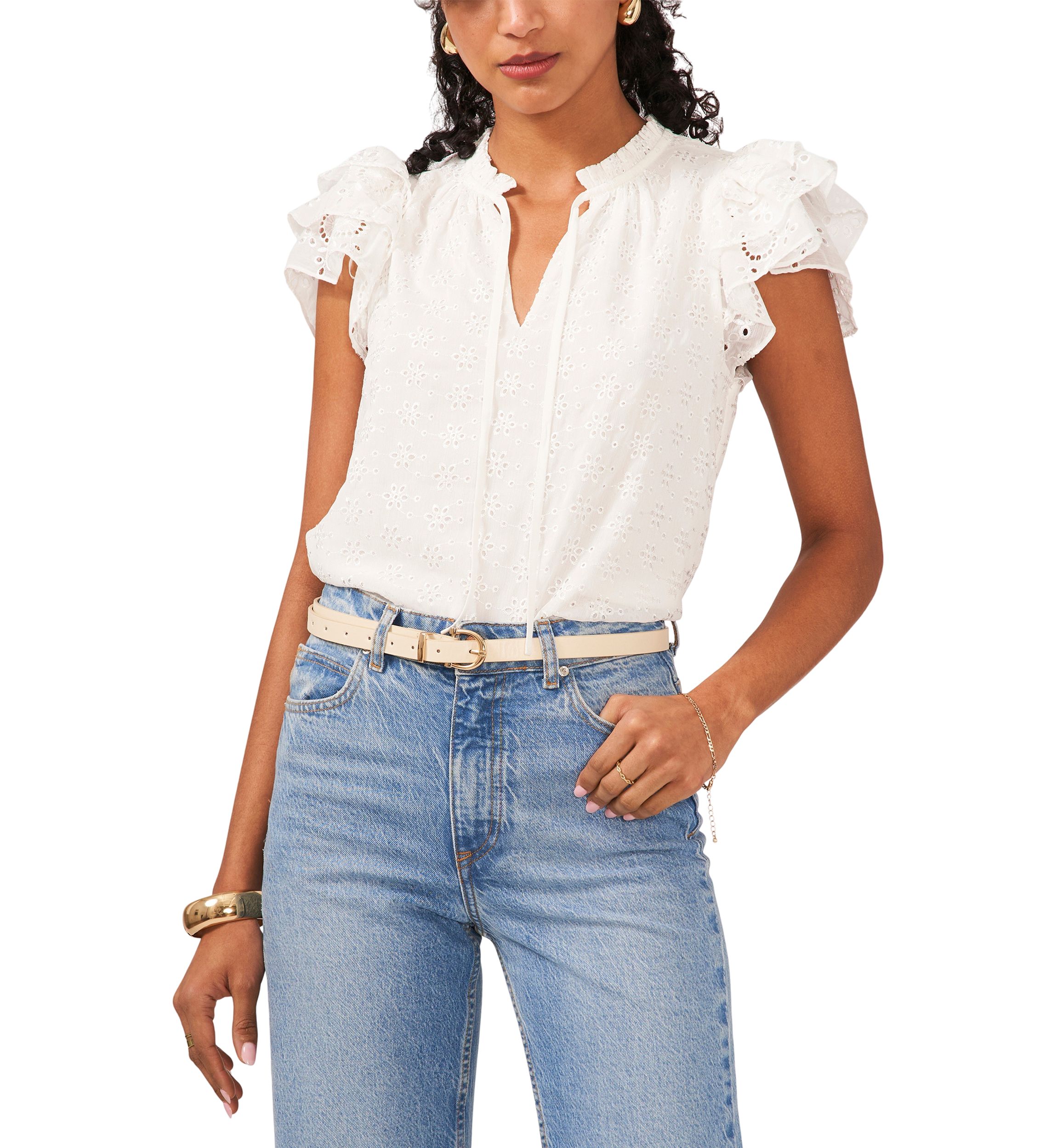 Womens Flutter Sleeve Eyelet Top 