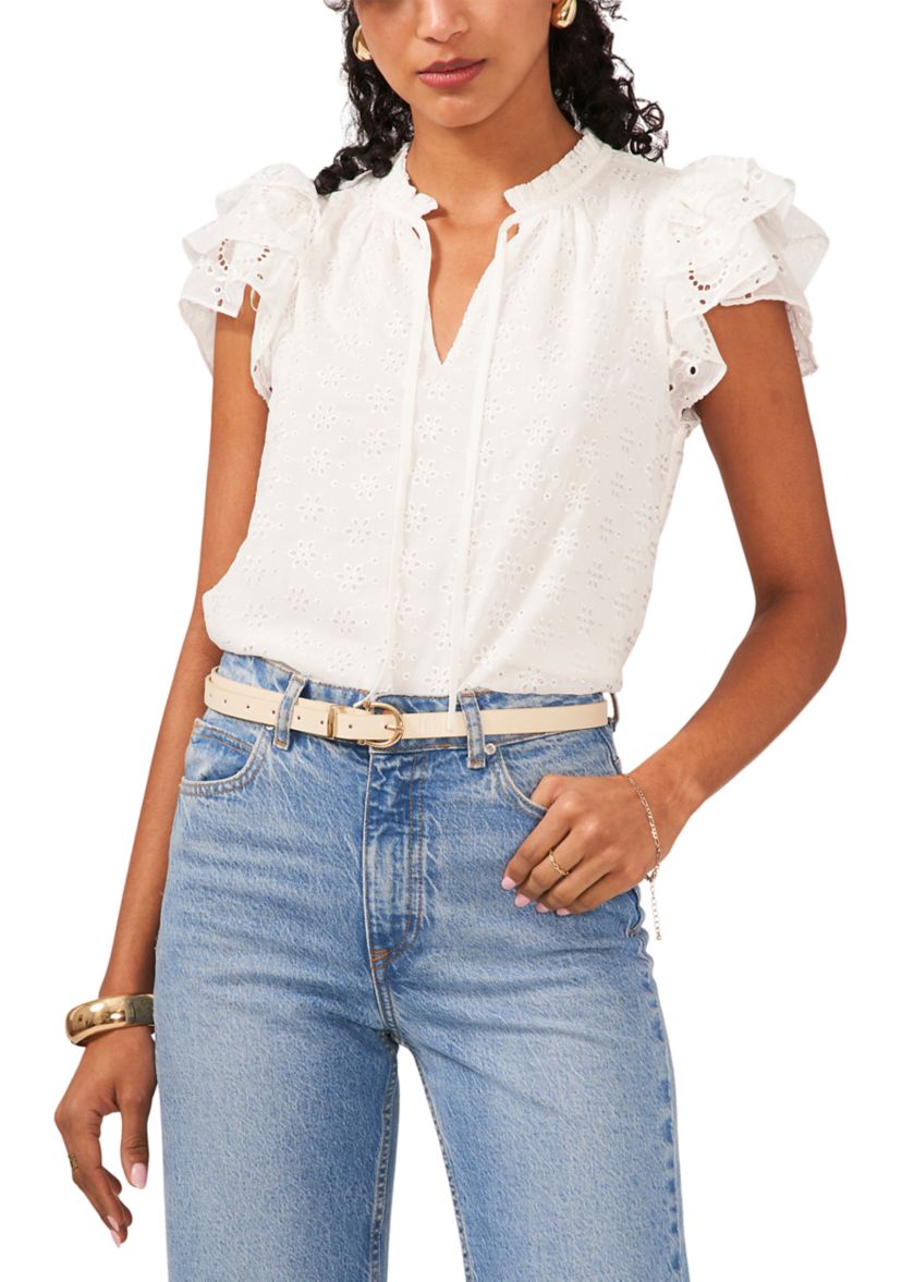 Womens Flutter Sleeve Eyelet Top 