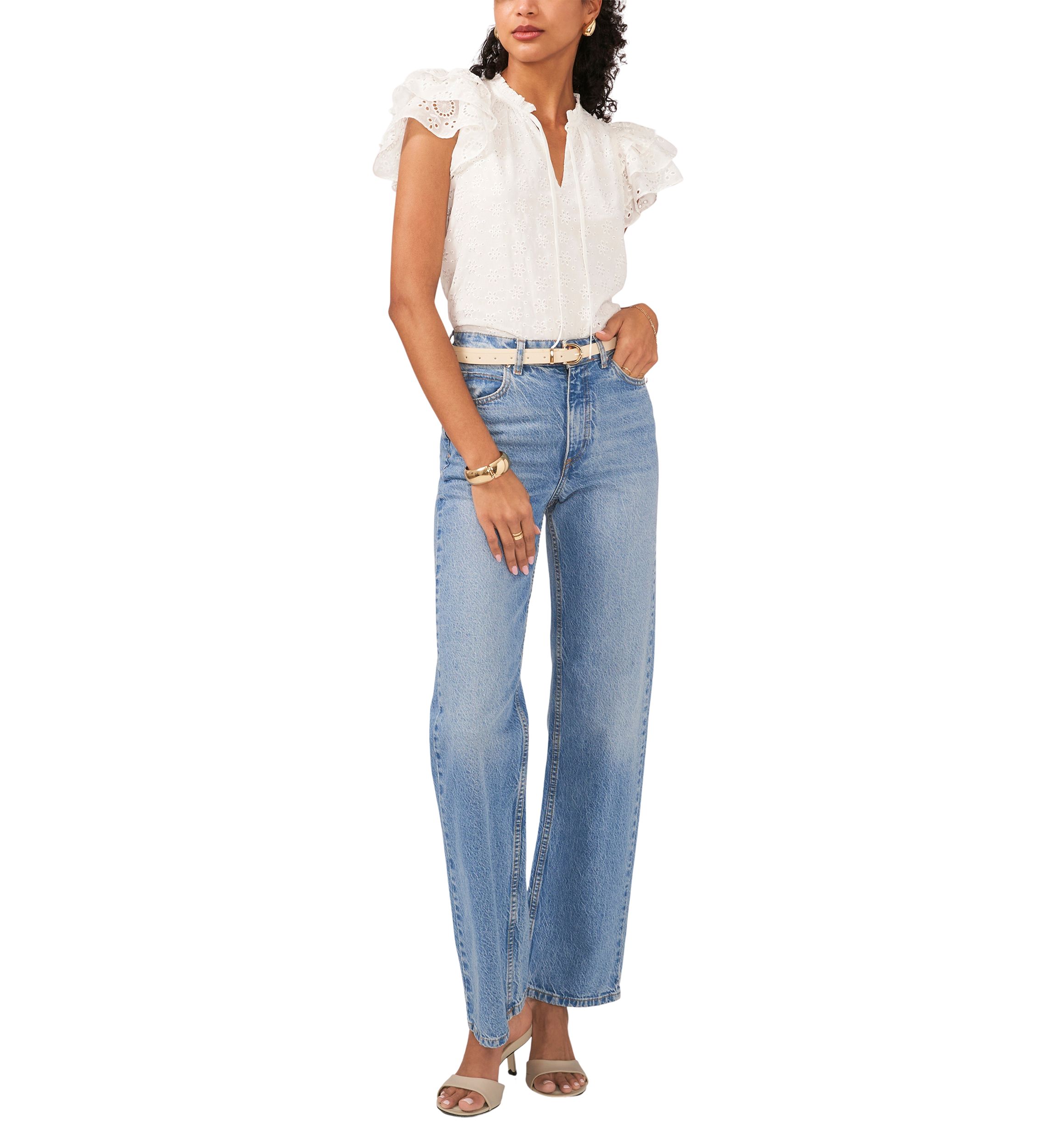 Womens Flutter Sleeve Eyelet Top 