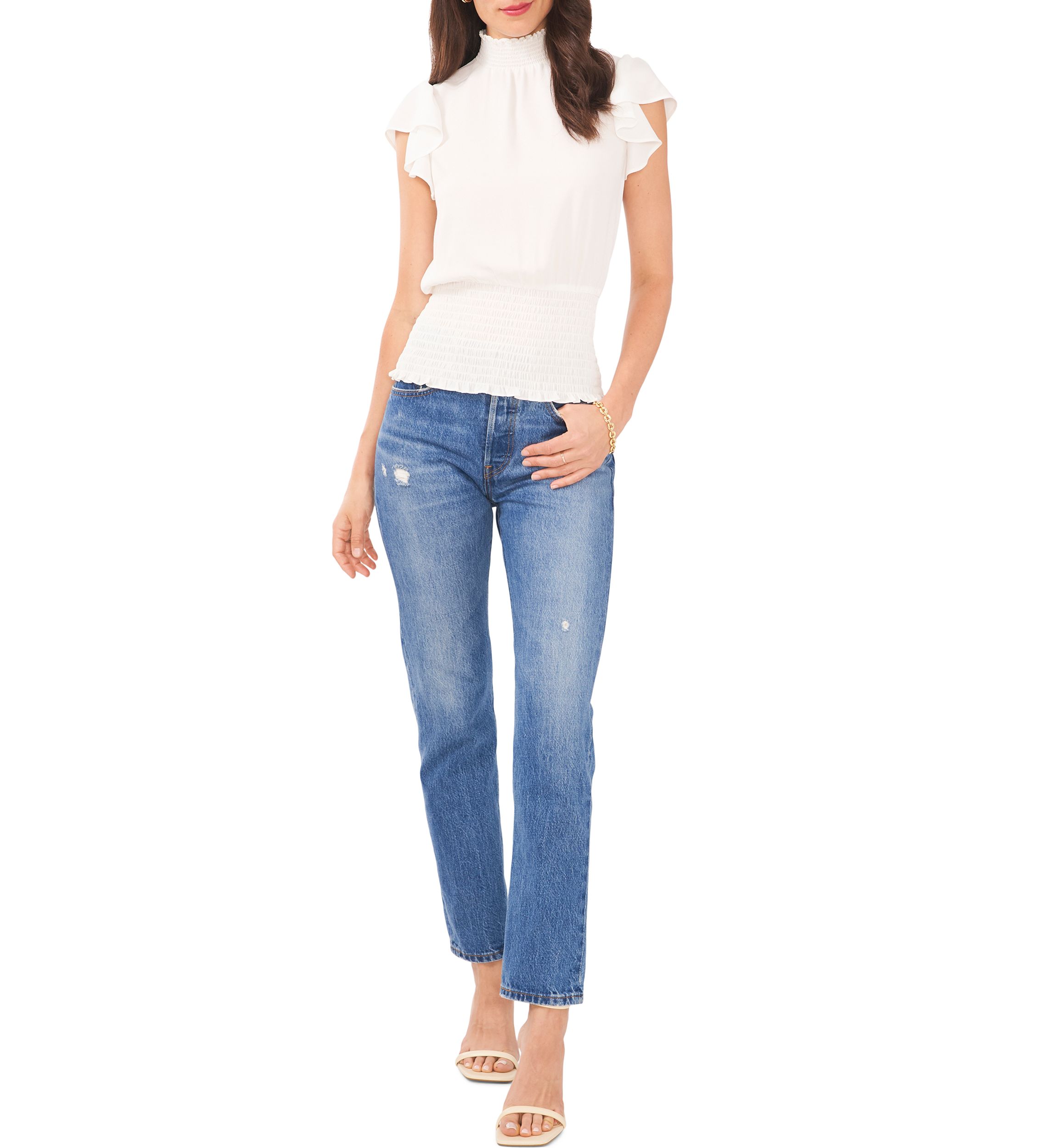 Womens Flutter Sleeve Smocked Top