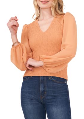 Women's Blouson Sleeve Smocked V-Neck Top