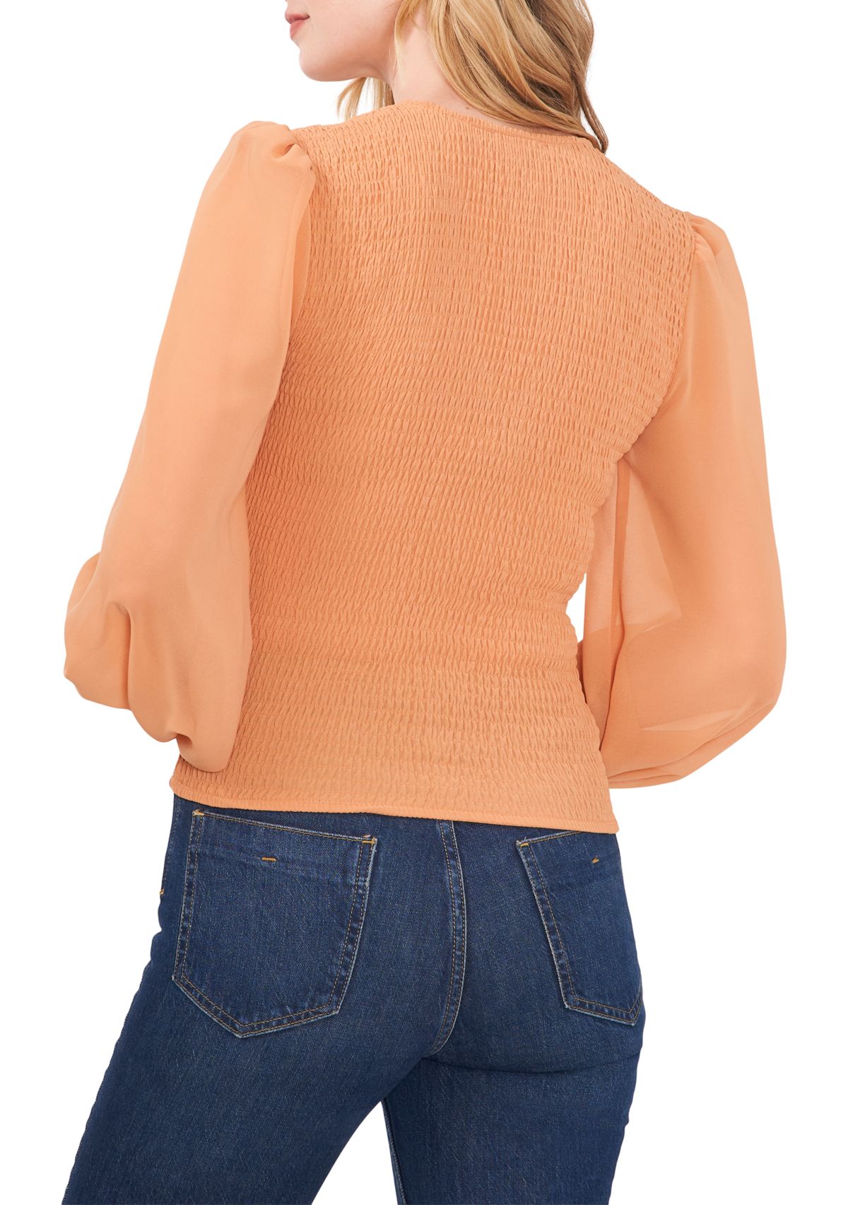 Womens Blouson Sleeve Smocked V-Neck Top 