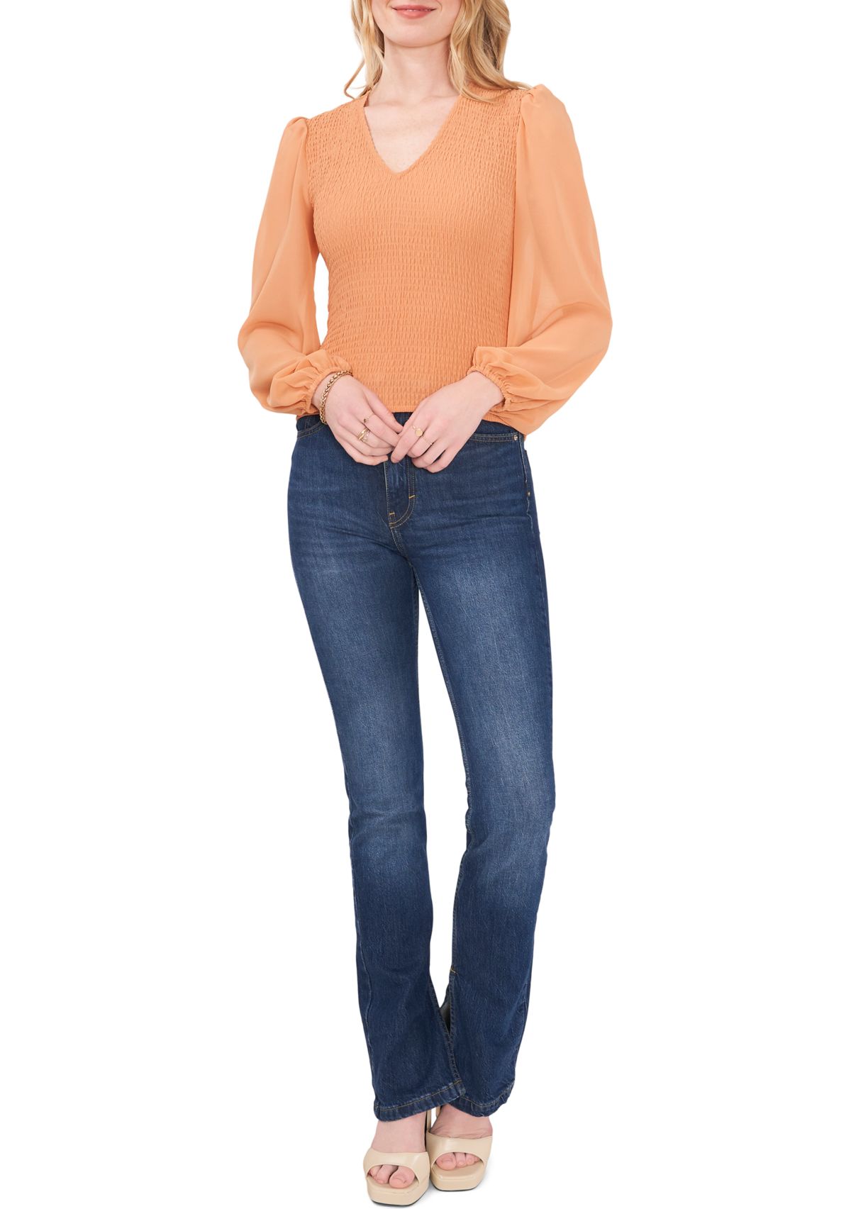 Womens Blouson Sleeve Smocked V-Neck Top 