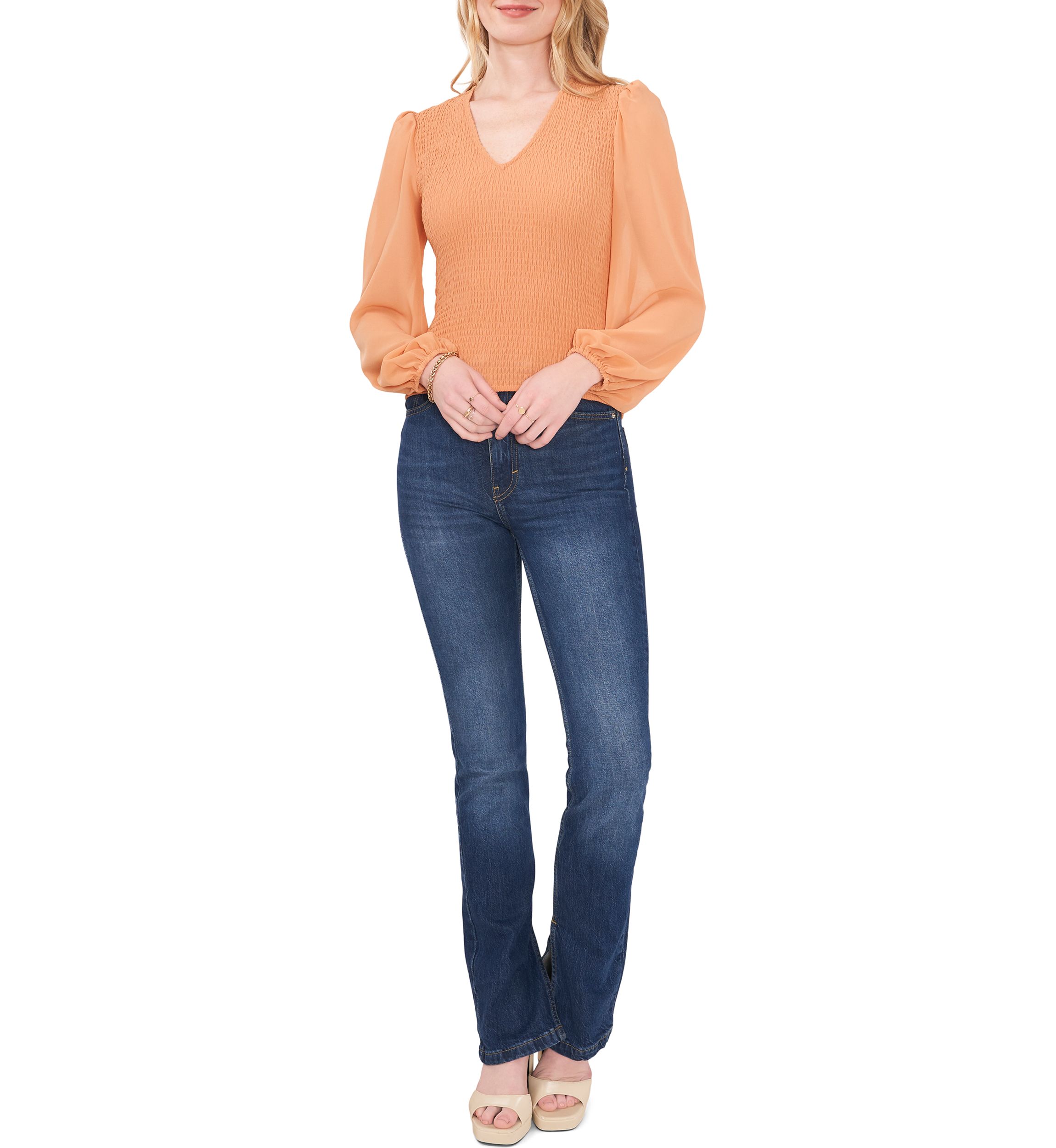 Womens Blouson Sleeve Smocked V-Neck Top 