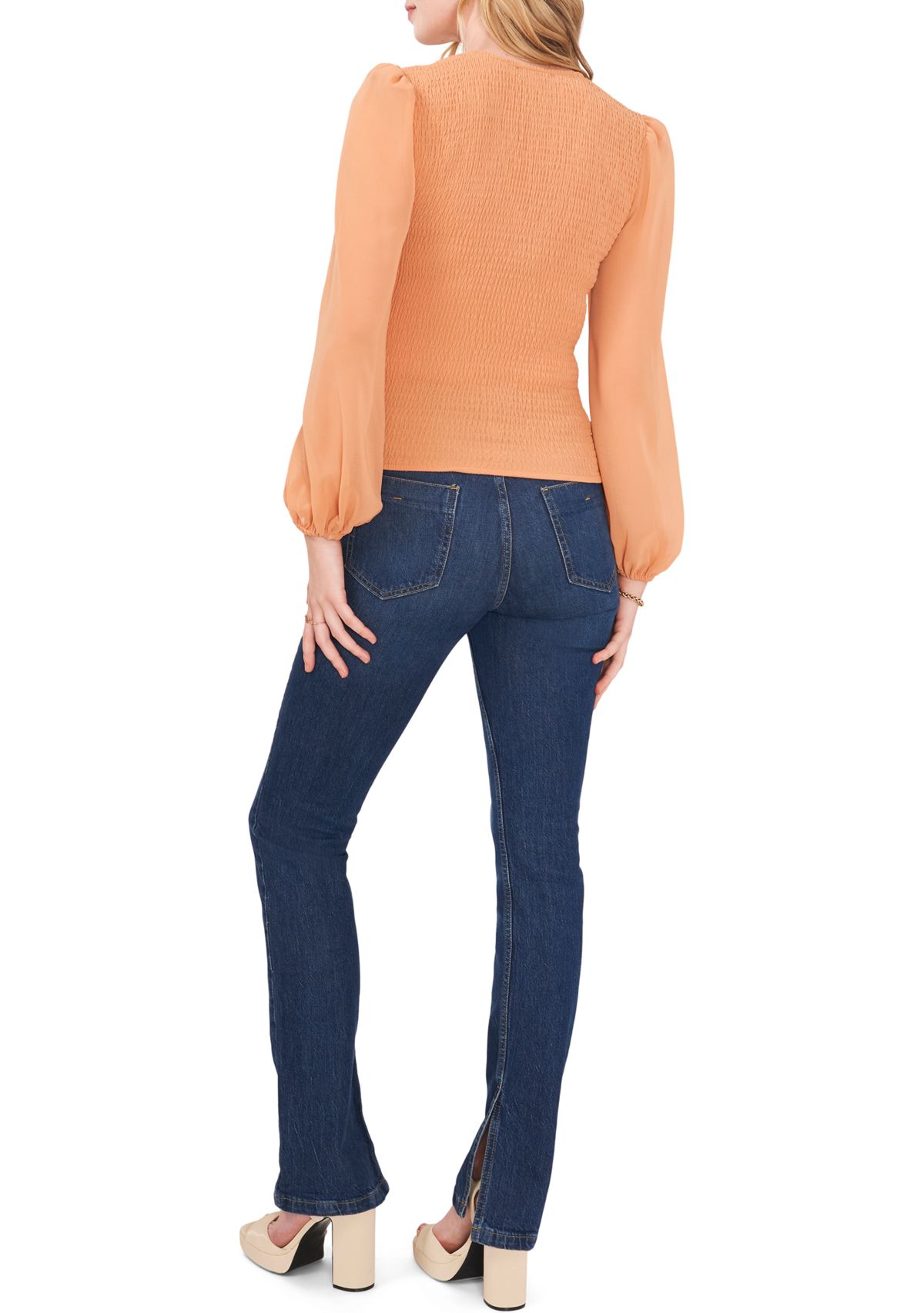 Womens Blouson Sleeve Smocked V-Neck Top 