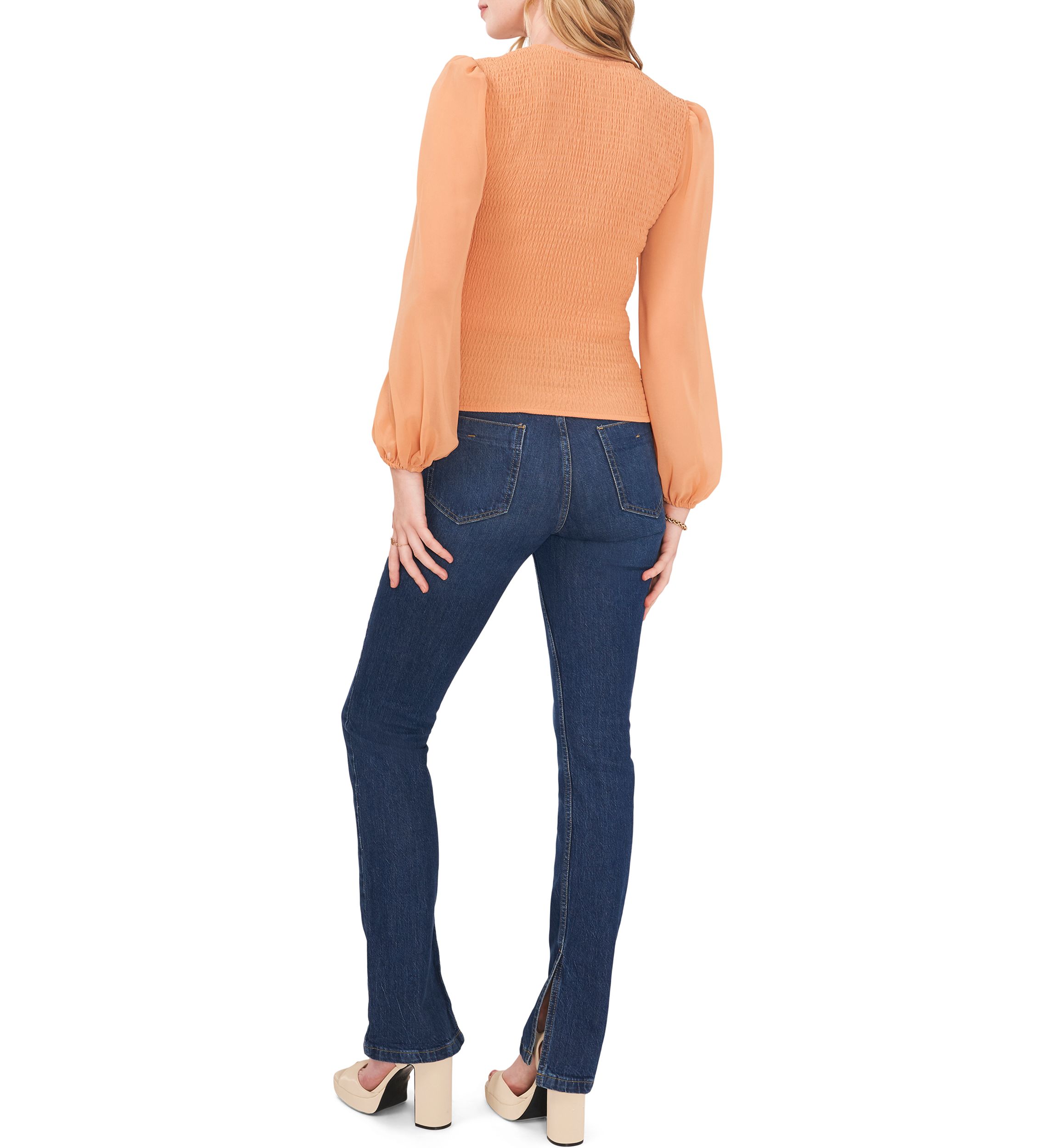 Womens Blouson Sleeve Smocked V-Neck Top 