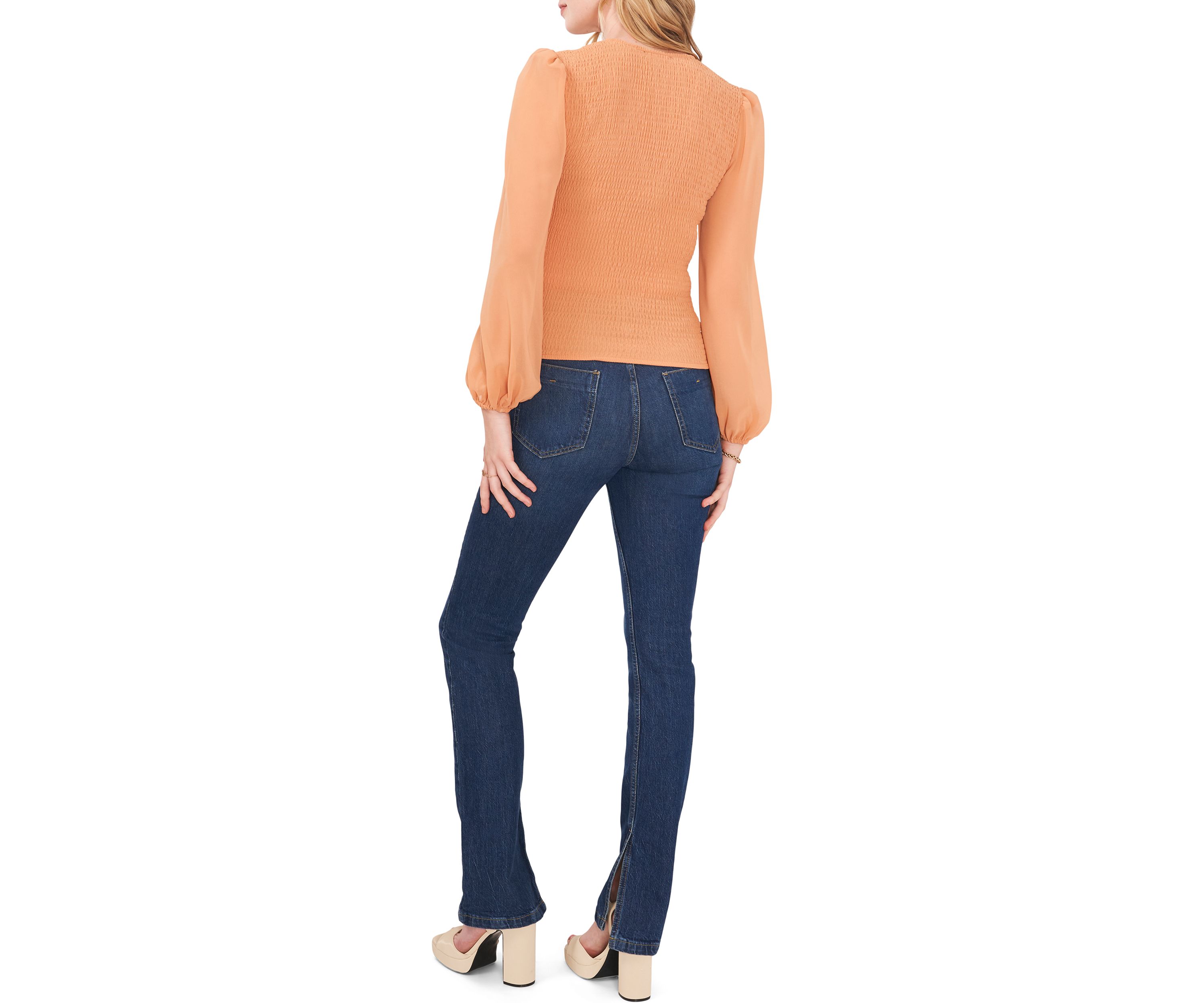 Womens Blouson Sleeve Smocked V-Neck Top 