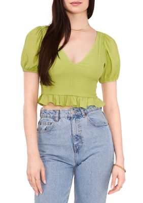 Women's Short Sleeve V-Neck Cropped Peplum Top