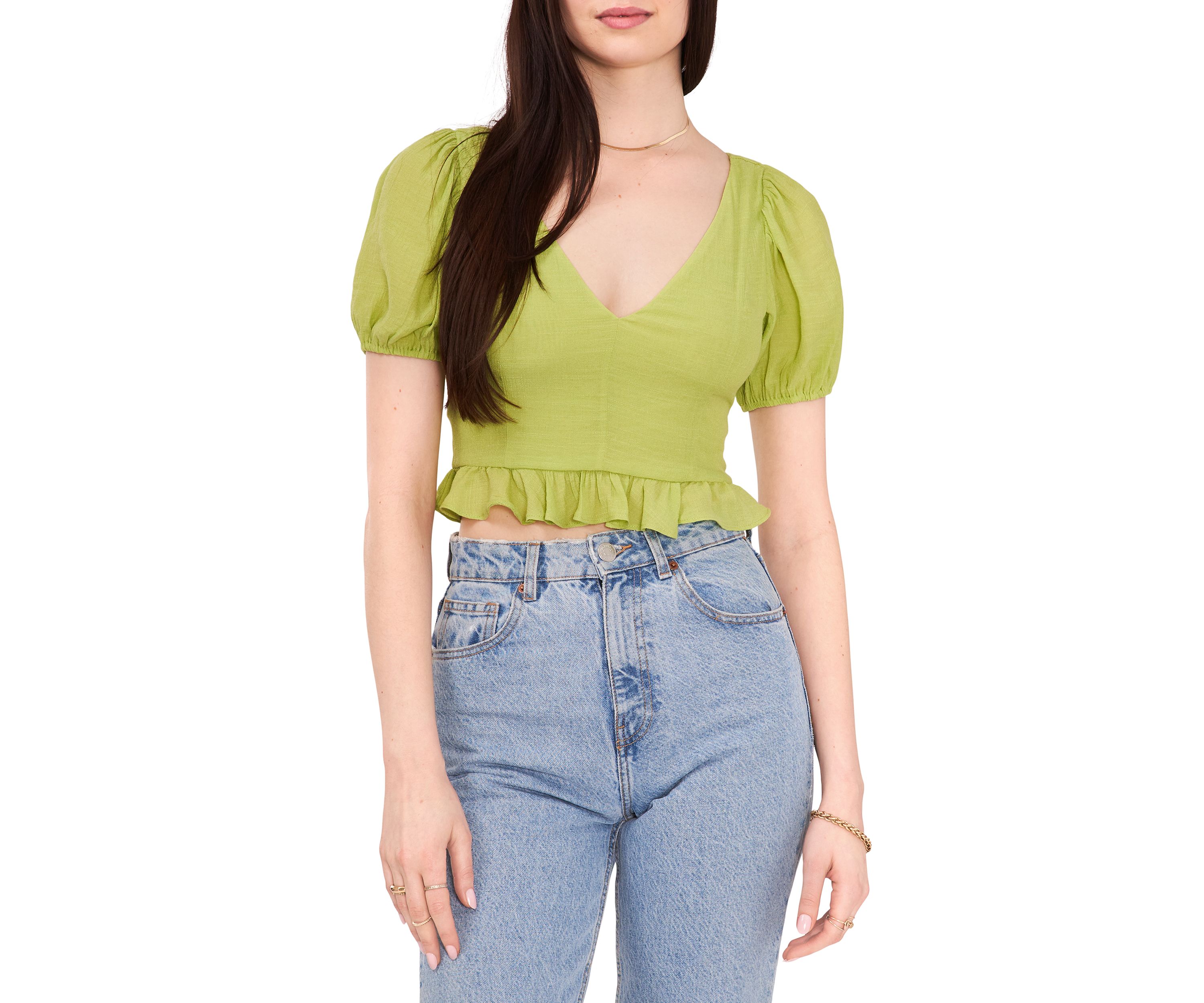 Womens Short Sleeve V-Neck Cropped Peplum Top