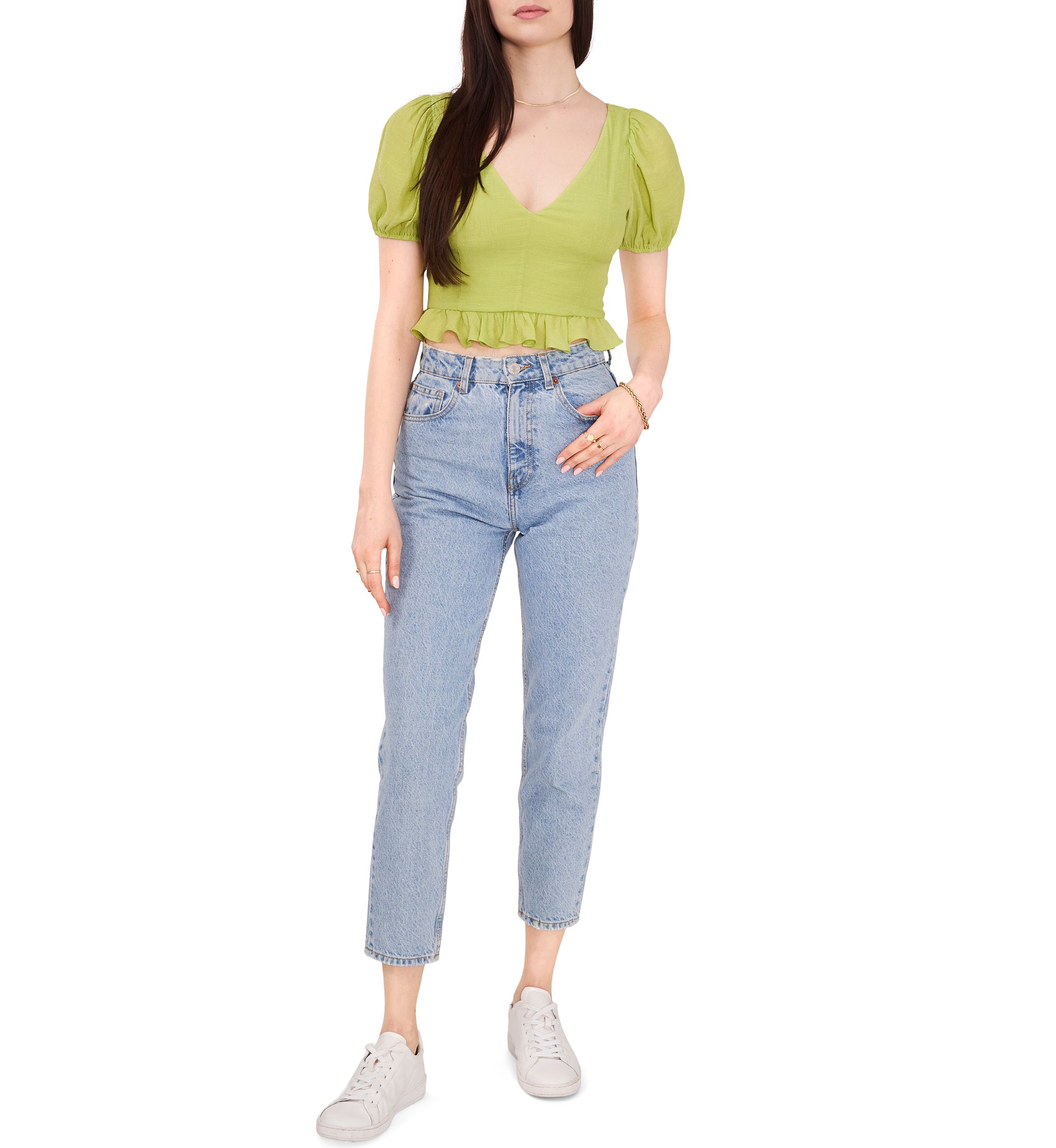 Womens Short Sleeve V-Neck Cropped Peplum Top