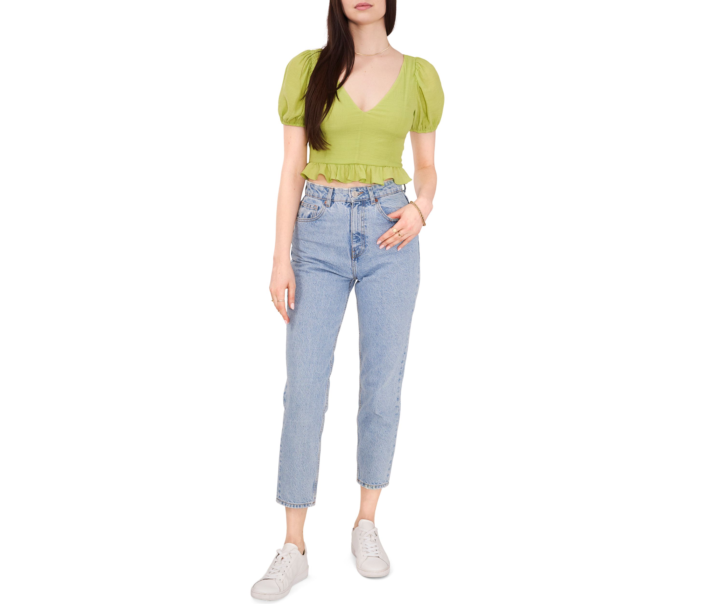 Womens Short Sleeve V-Neck Cropped Peplum Top