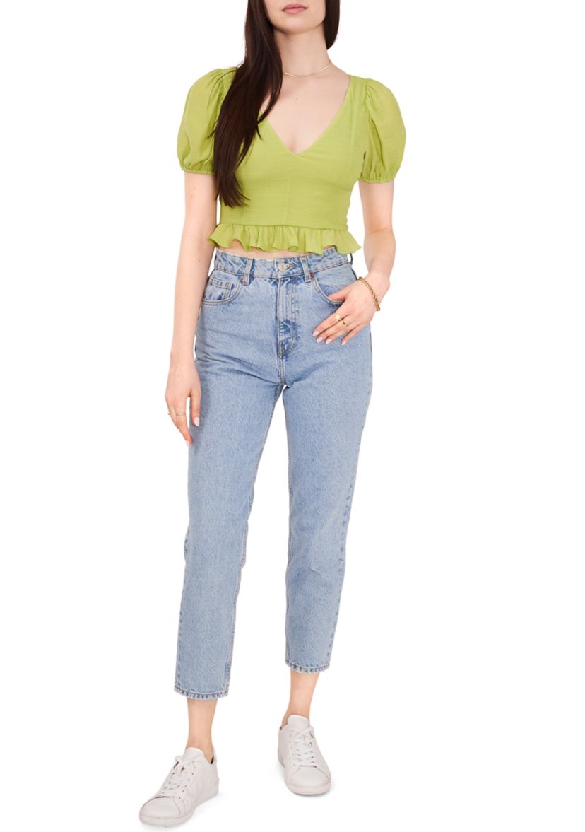 Womens Short Sleeve V-Neck Cropped Peplum Top