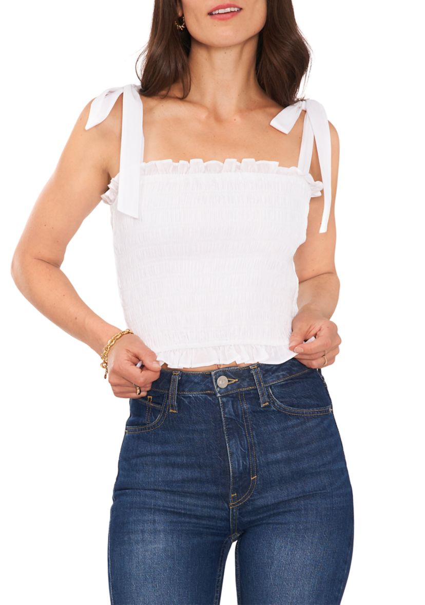 Womens Tie Shoulder Smocked Crop Top