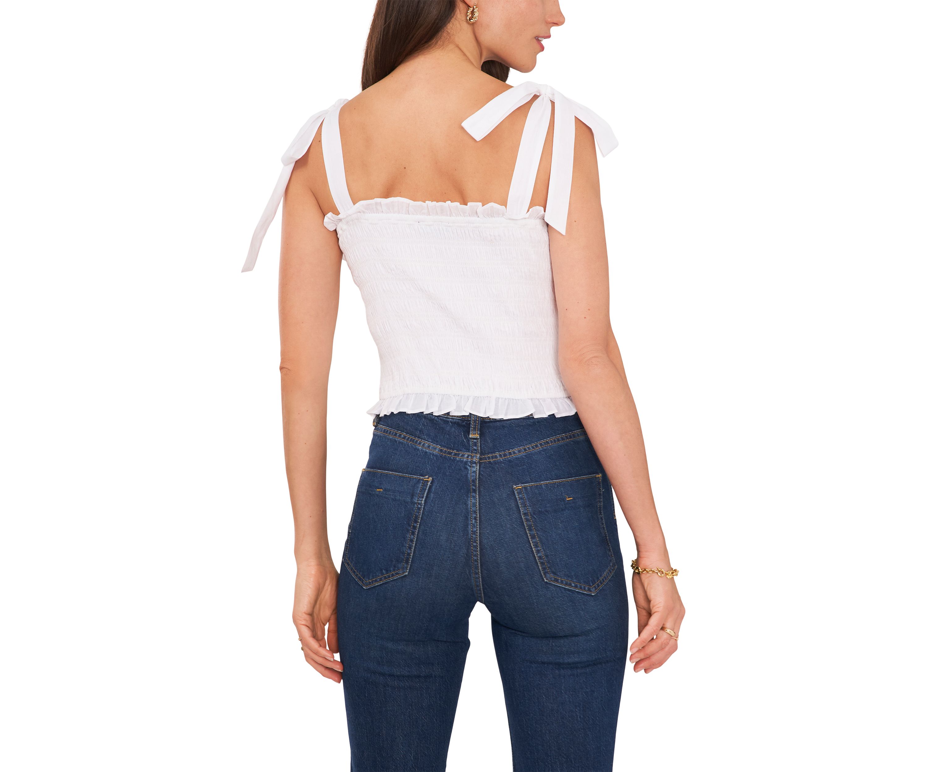 Womens Tie Shoulder Smocked Crop Top