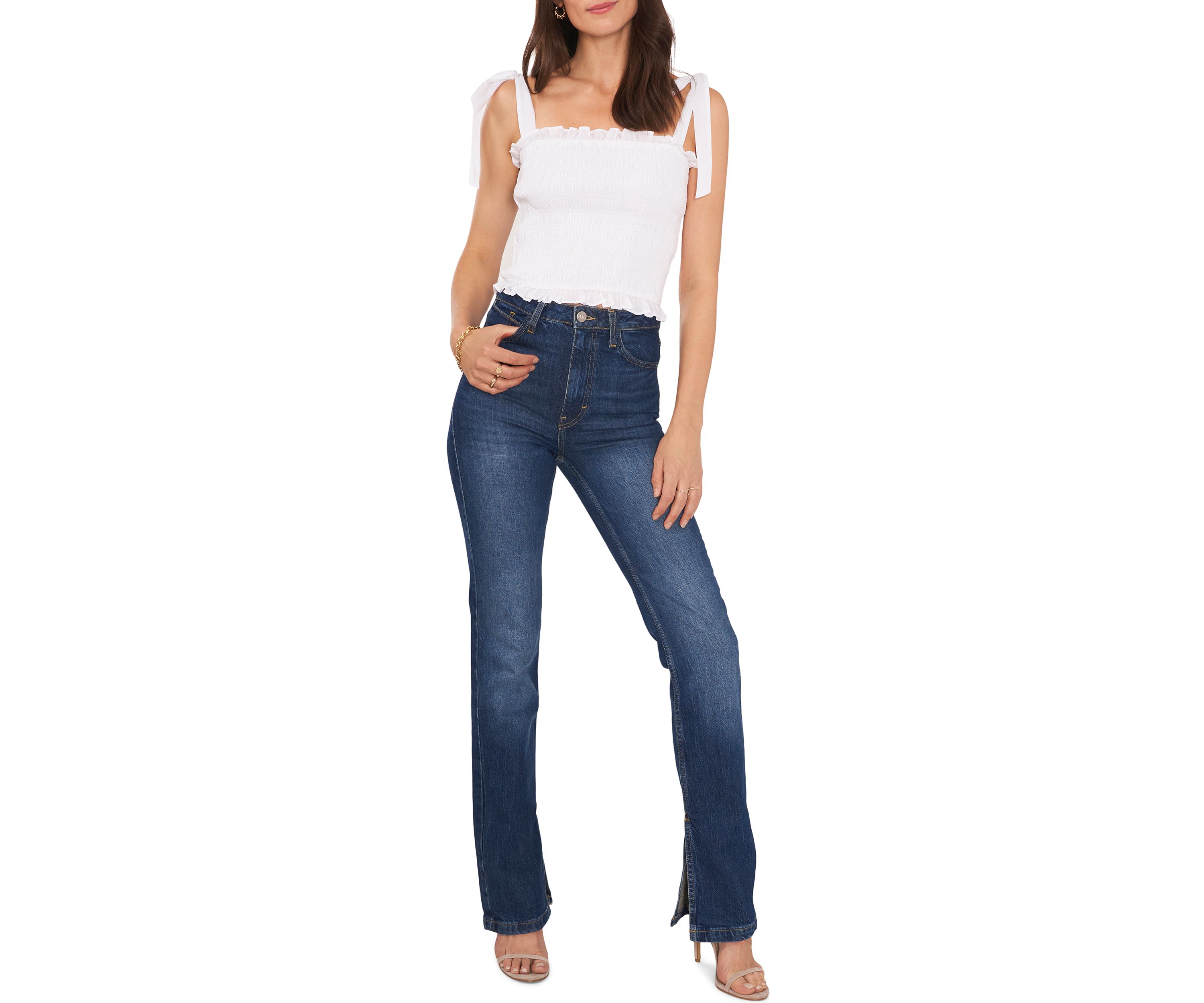 Womens Tie Shoulder Smocked Crop Top