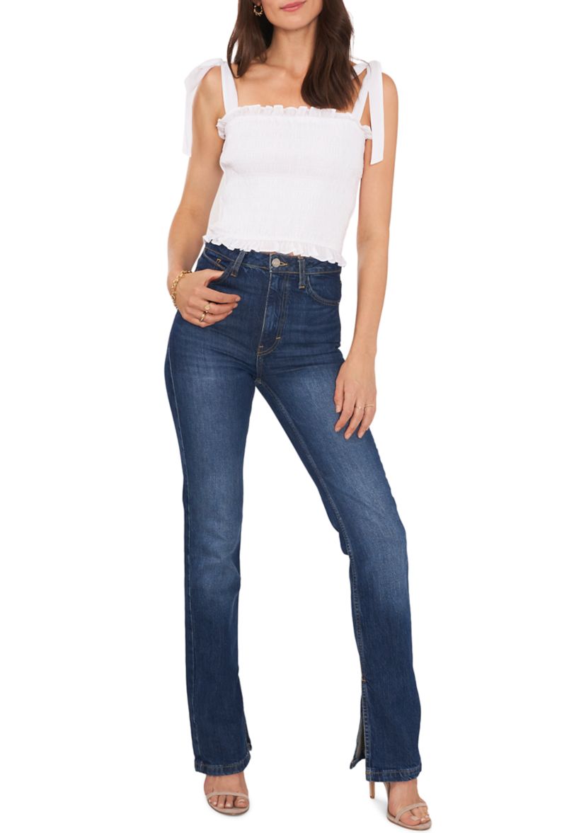 Womens Tie Shoulder Smocked Crop Top