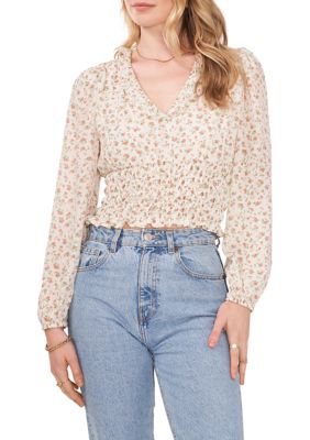 Women's Blouson Sleeve Floral Elastic Band Blouse