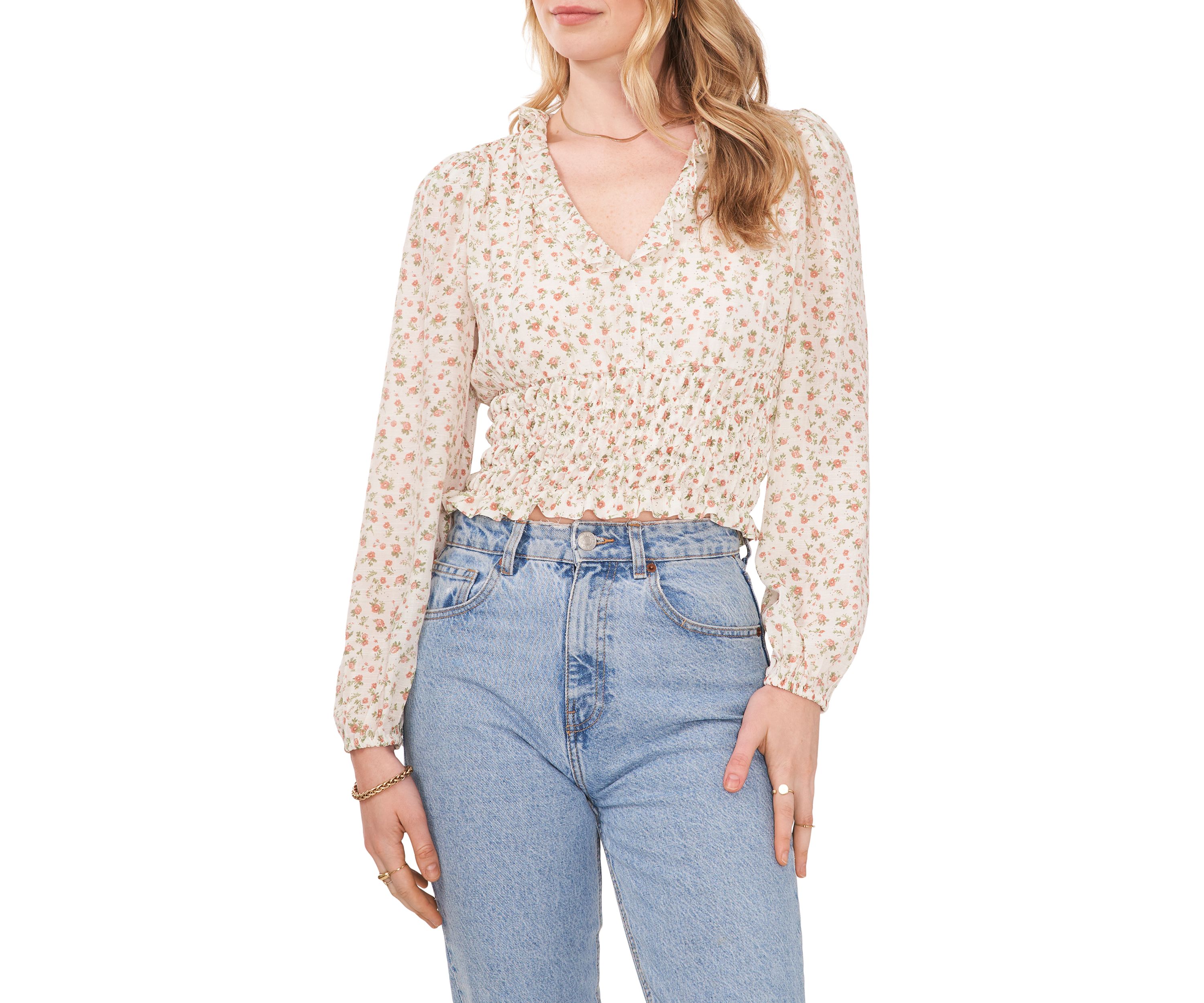 Womens Blouson Sleeve Floral Elastic Band Blouse