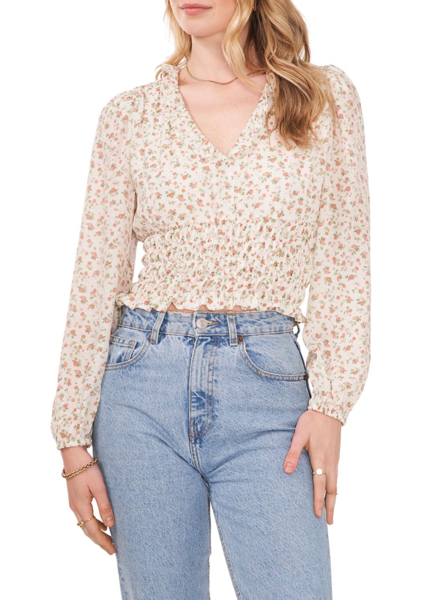 Womens Blouson Sleeve Floral Elastic Band Blouse