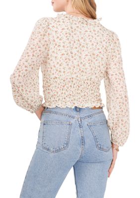 Women's Blouson Sleeve Floral Elastic Band Blouse