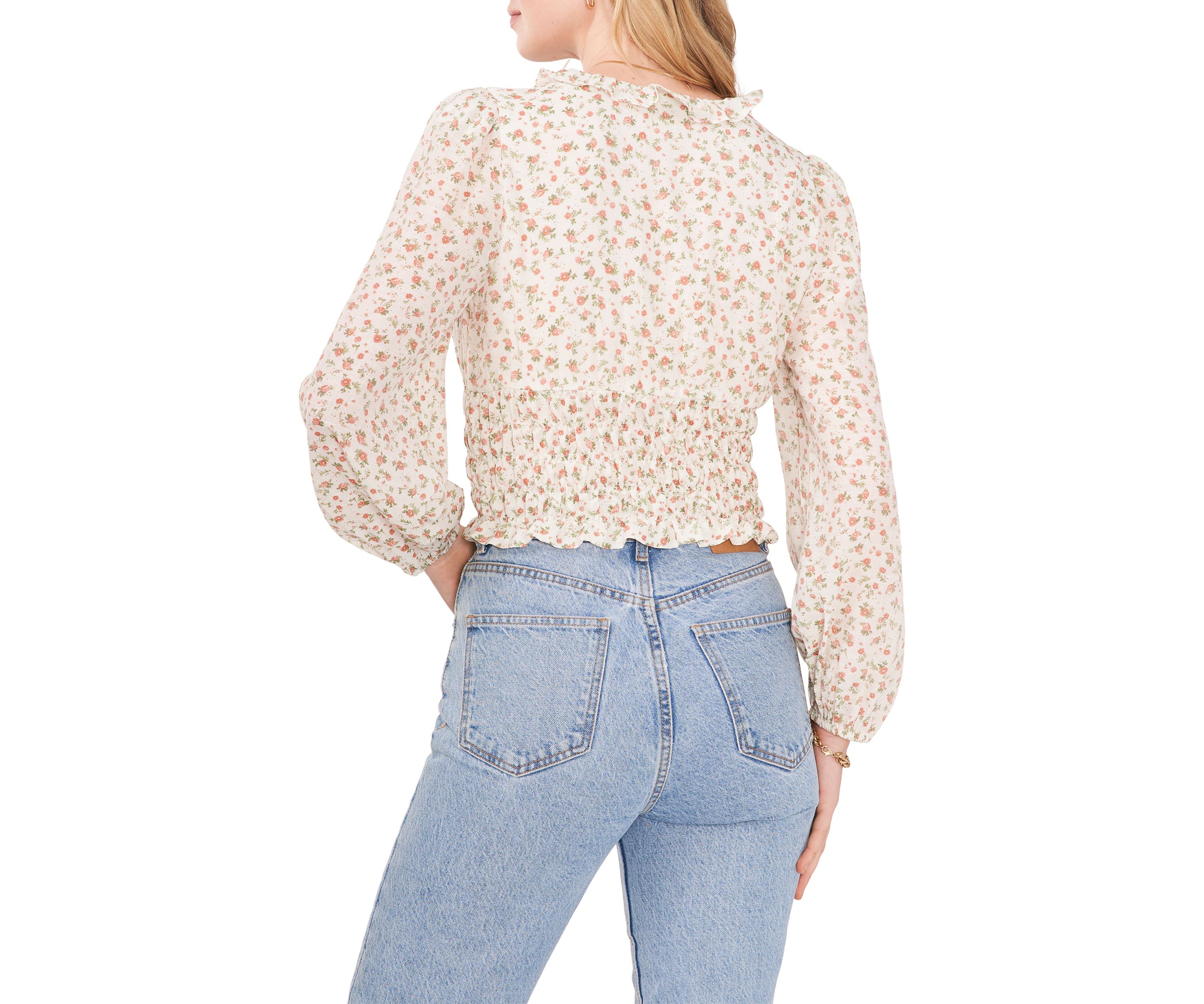 Womens Blouson Sleeve Floral Elastic Band Blouse