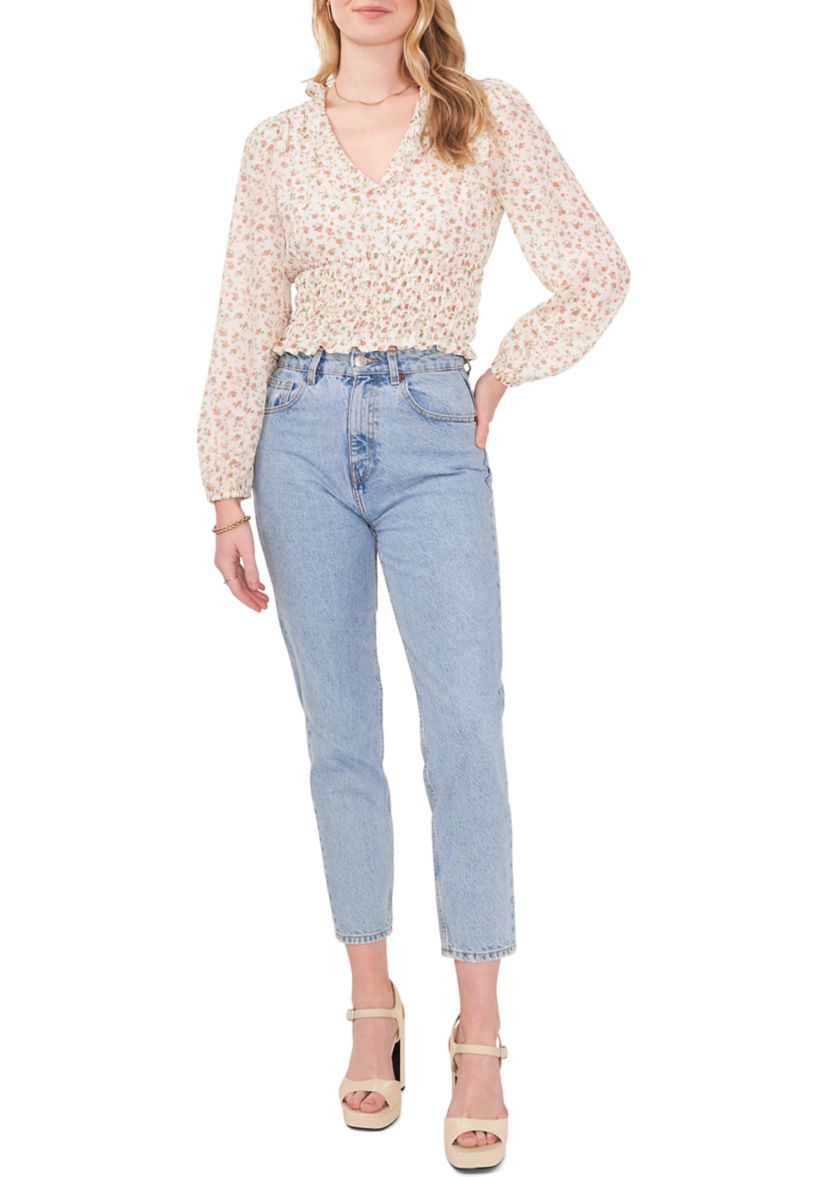 Womens Blouson Sleeve Floral Elastic Band Blouse