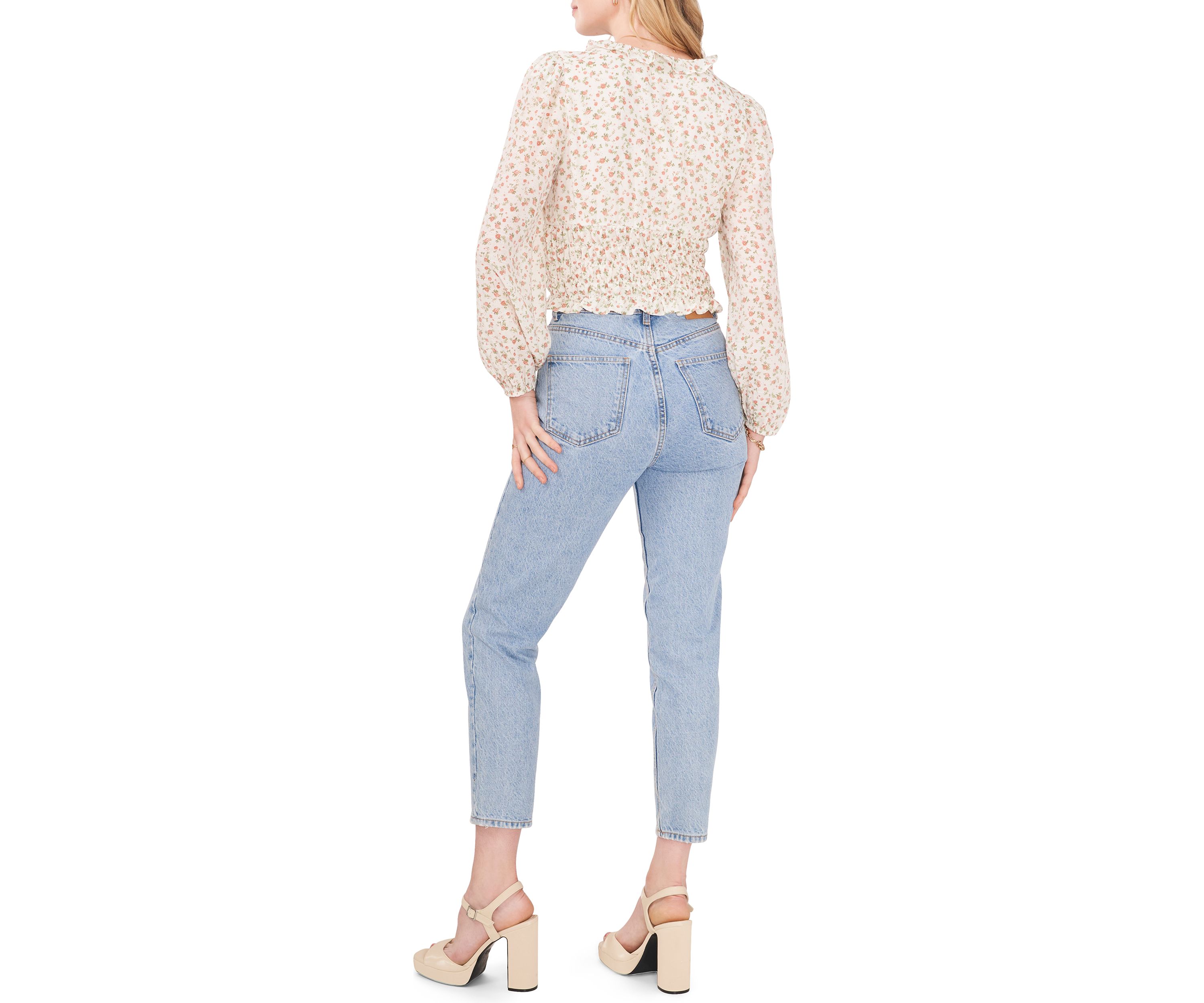 Womens Blouson Sleeve Floral Elastic Band Blouse
