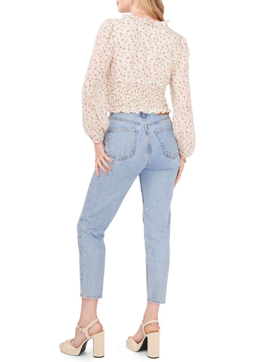Womens Blouson Sleeve Floral Elastic Band Blouse