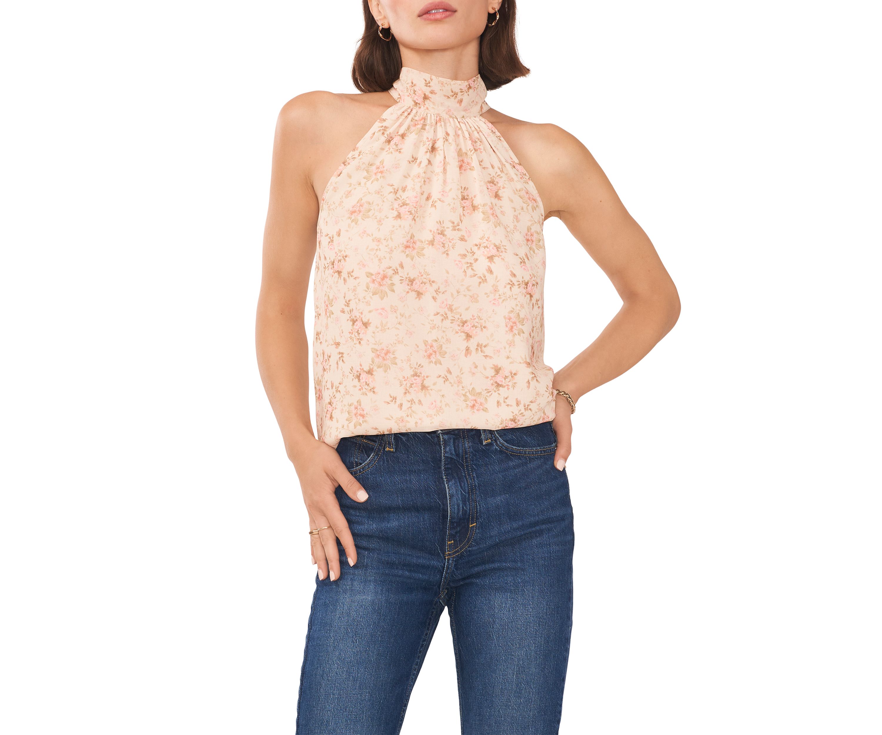Womens Sleeveless Halter Neck Floral Tie Back Top