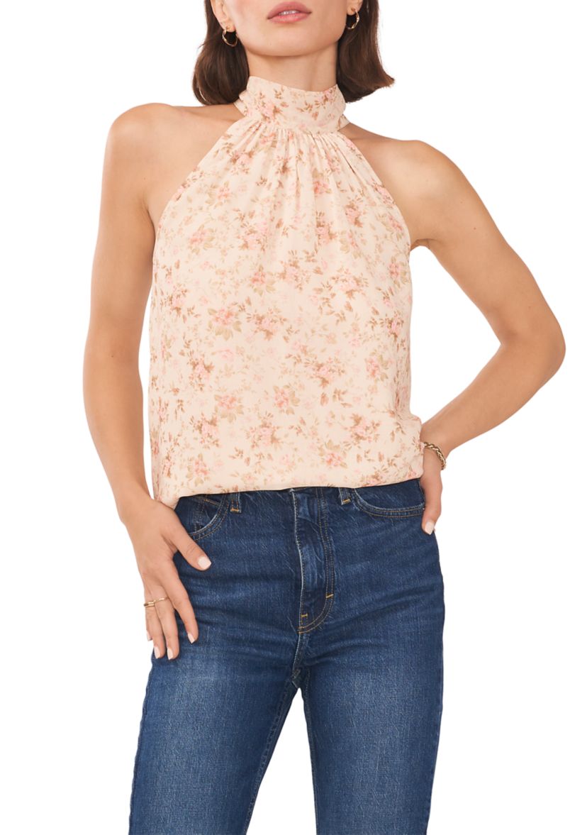 Womens Sleeveless Halter Neck Floral Tie Back Top