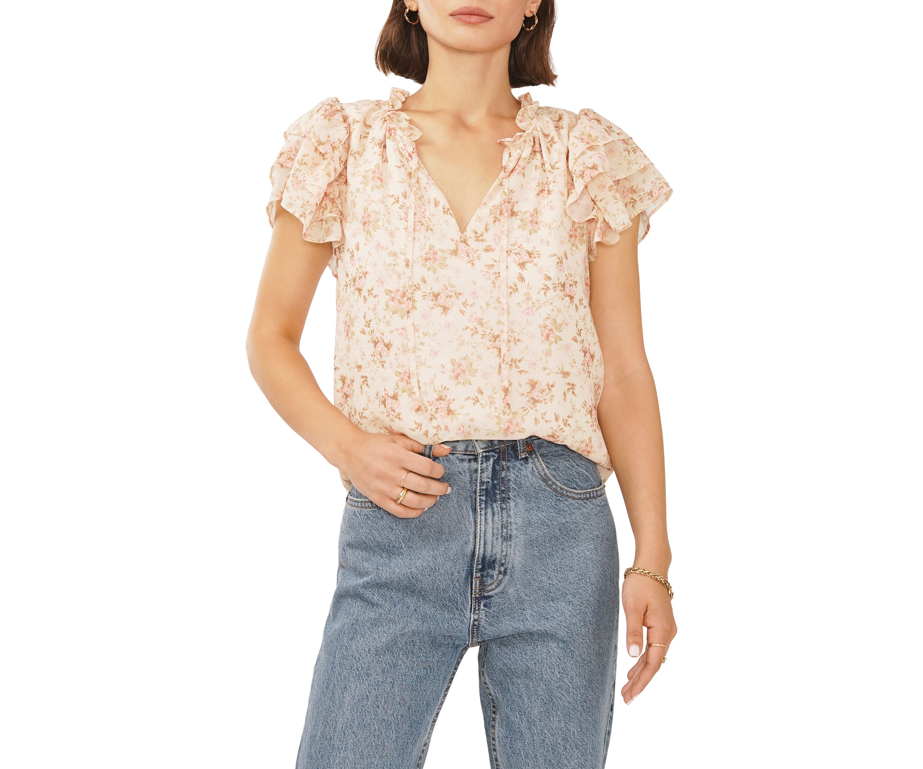 Womens Flutter Sleeve Floral Top 