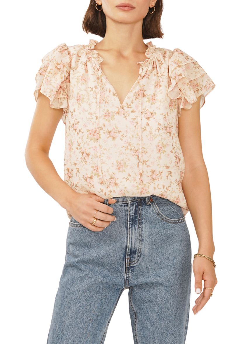 Womens Flutter Sleeve Floral Top 