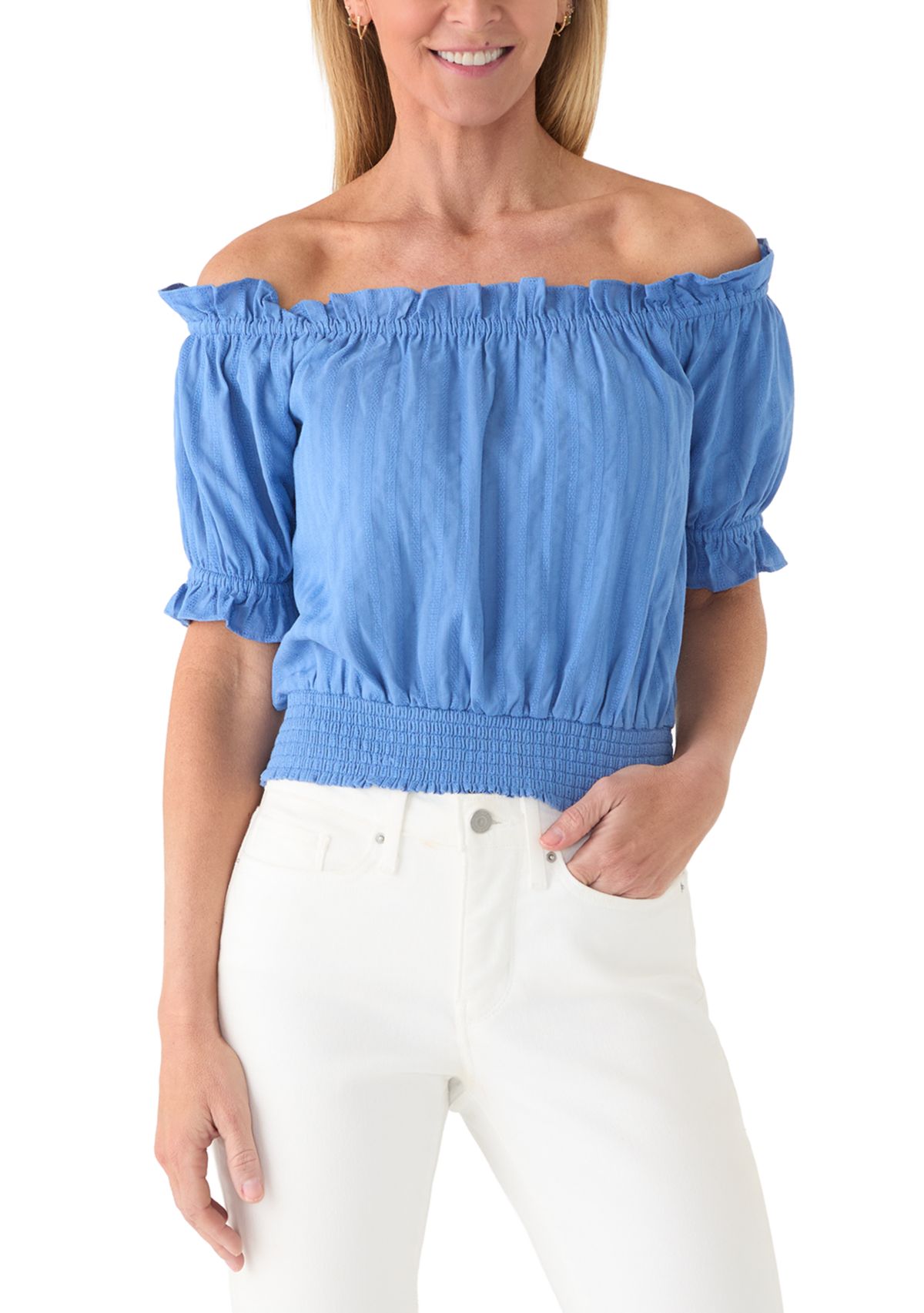 Womens Off the Shoulder Top with Smocked Waistband