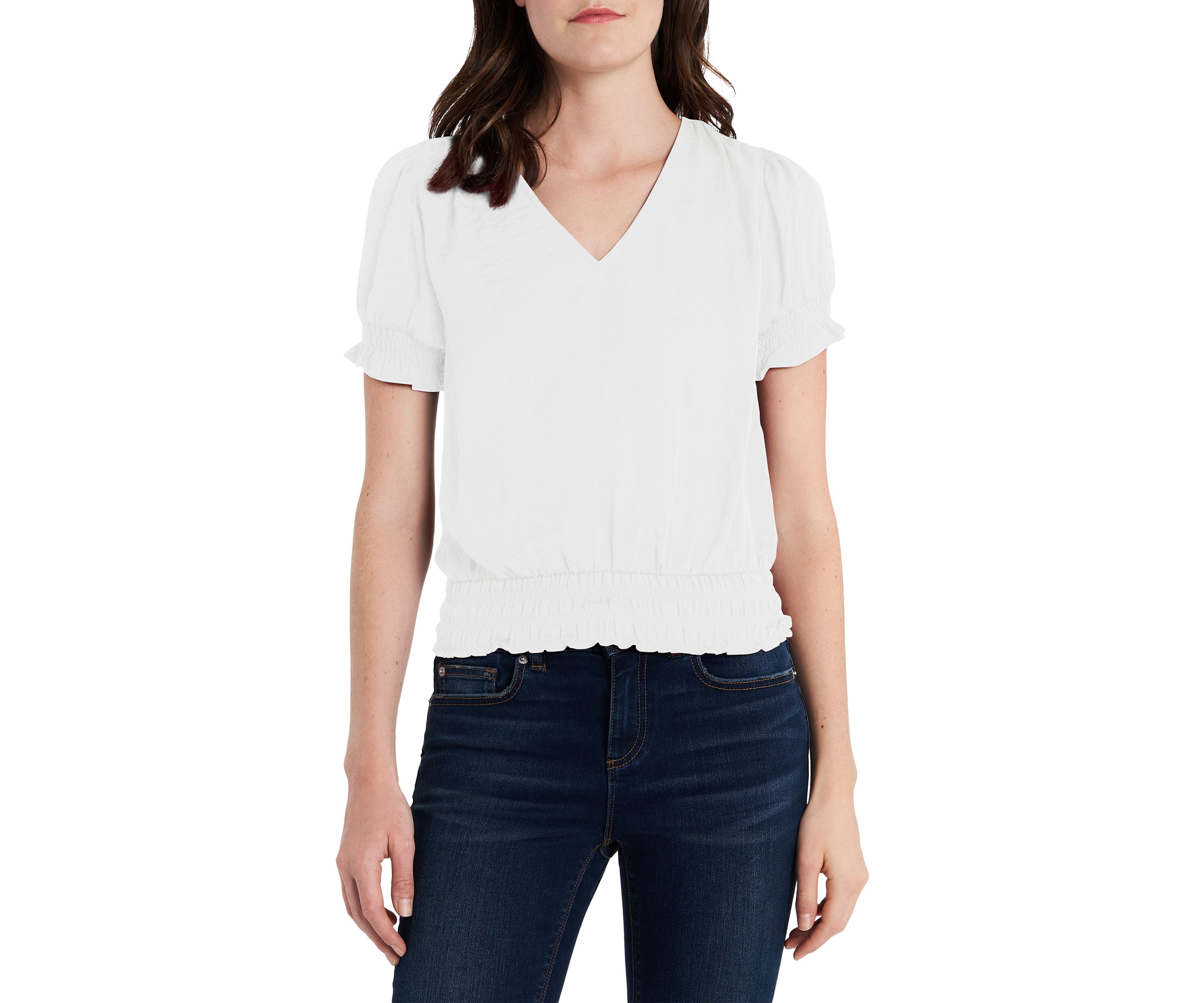 Womens Short Sleeve Smocked Waist V-Neck Top