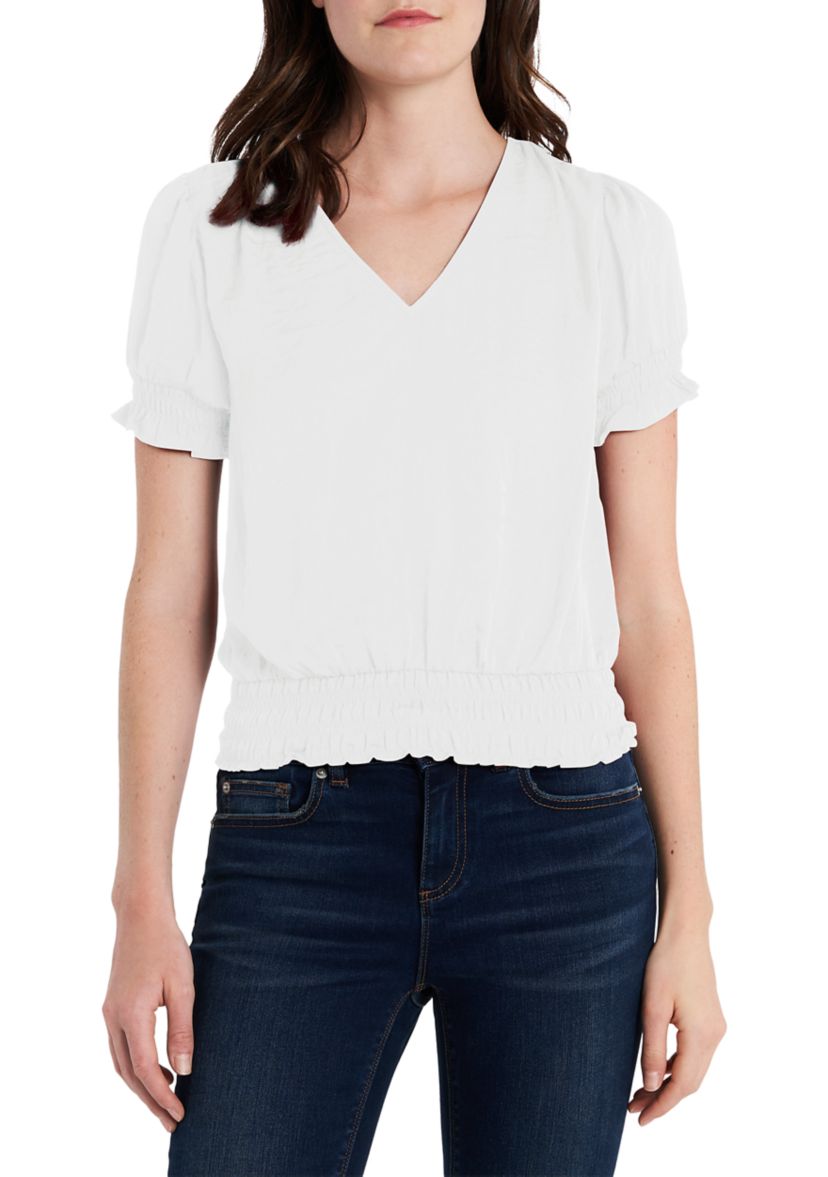 Womens Short Sleeve Smocked Waist V-Neck Top