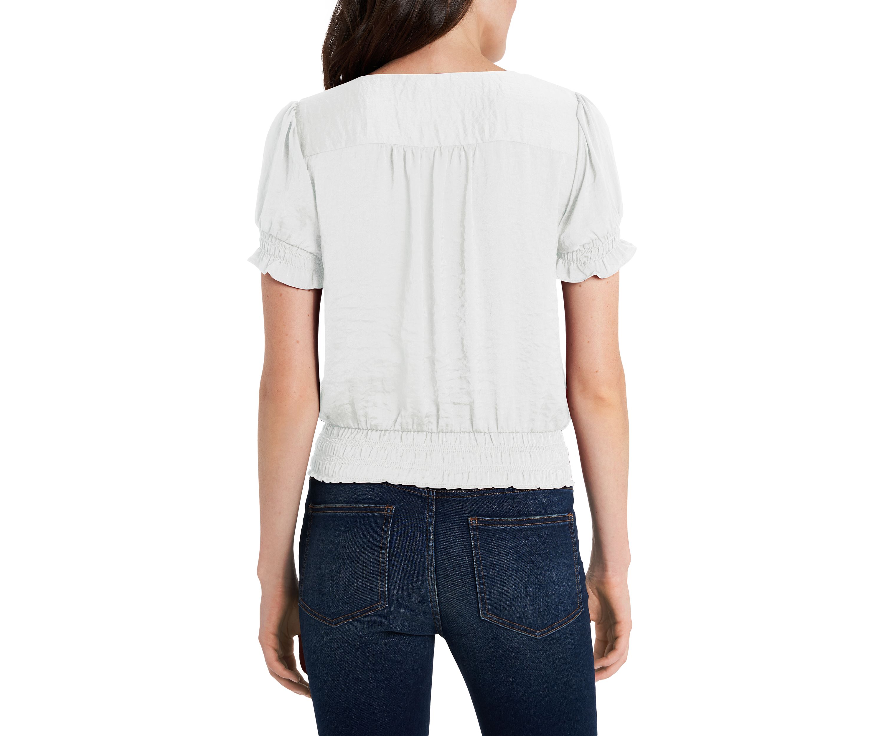 Womens Short Sleeve Smocked Waist V-Neck Top