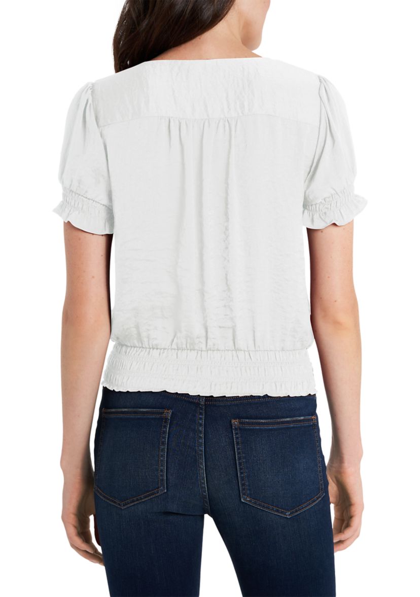 Womens Short Sleeve Smocked Waist V-Neck Top