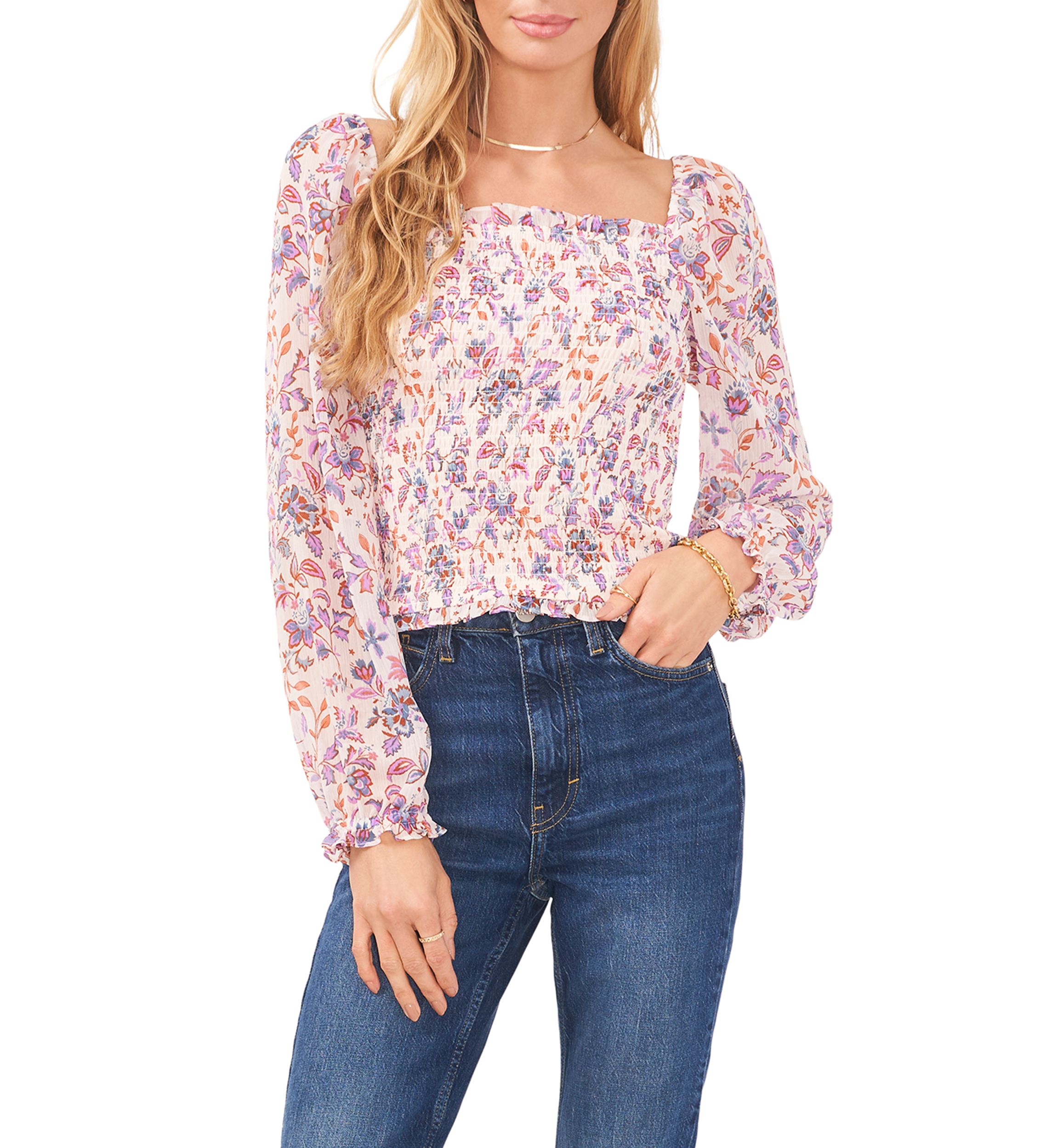 Womens Long Blouson Sleeve Smocked  Bodice Top