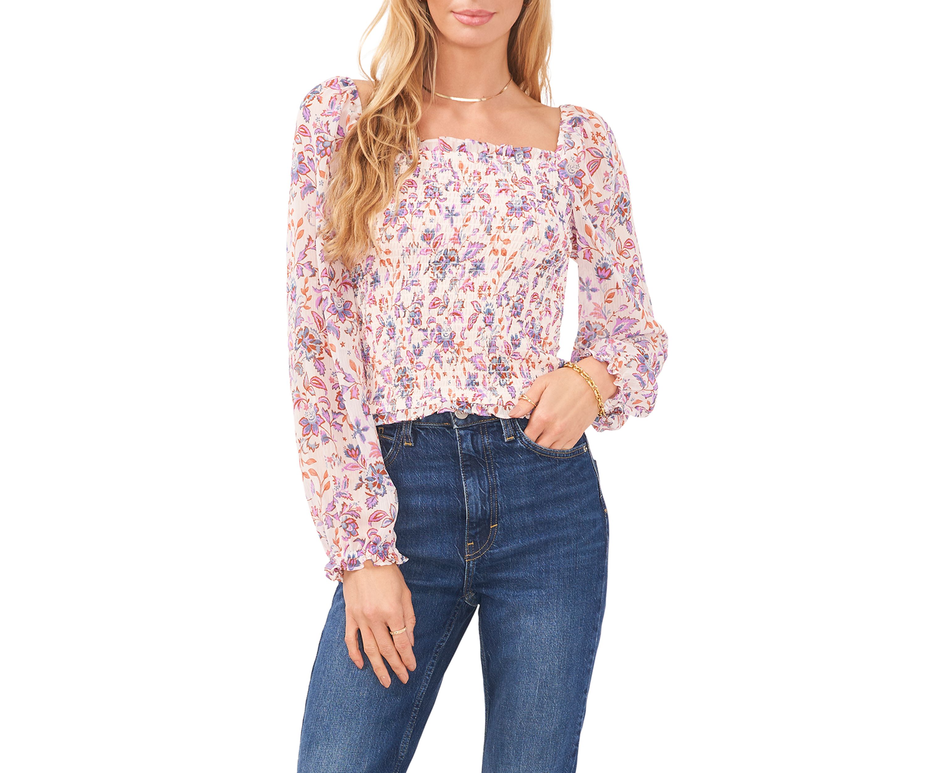 Womens Long Blouson Sleeve Smocked  Bodice Top