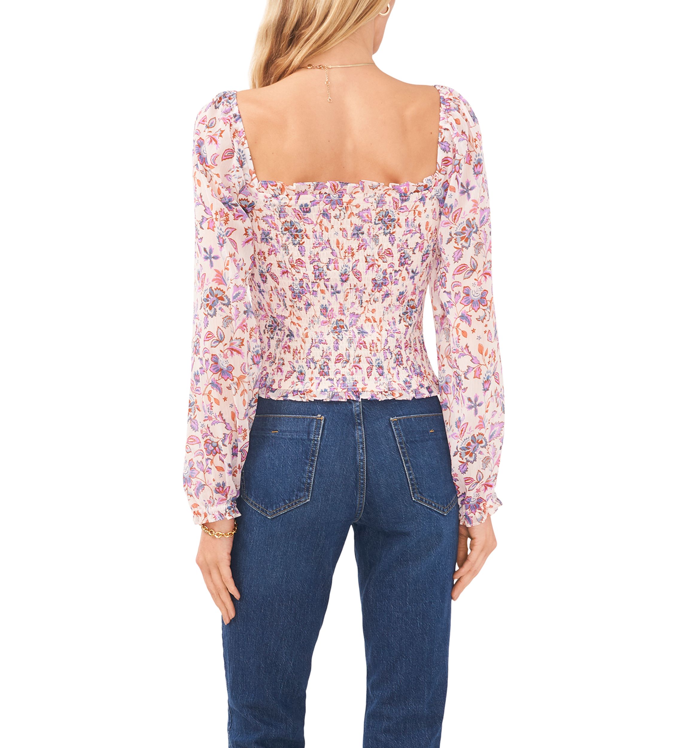 Womens Long Blouson Sleeve Smocked  Bodice Top