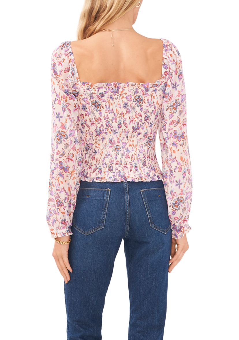 Womens Long Blouson Sleeve Smocked  Bodice Top