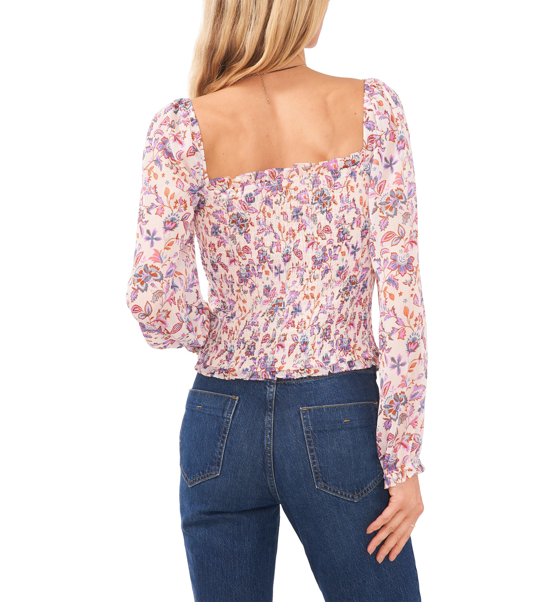 Womens Long Blouson Sleeve Smocked  Bodice Top