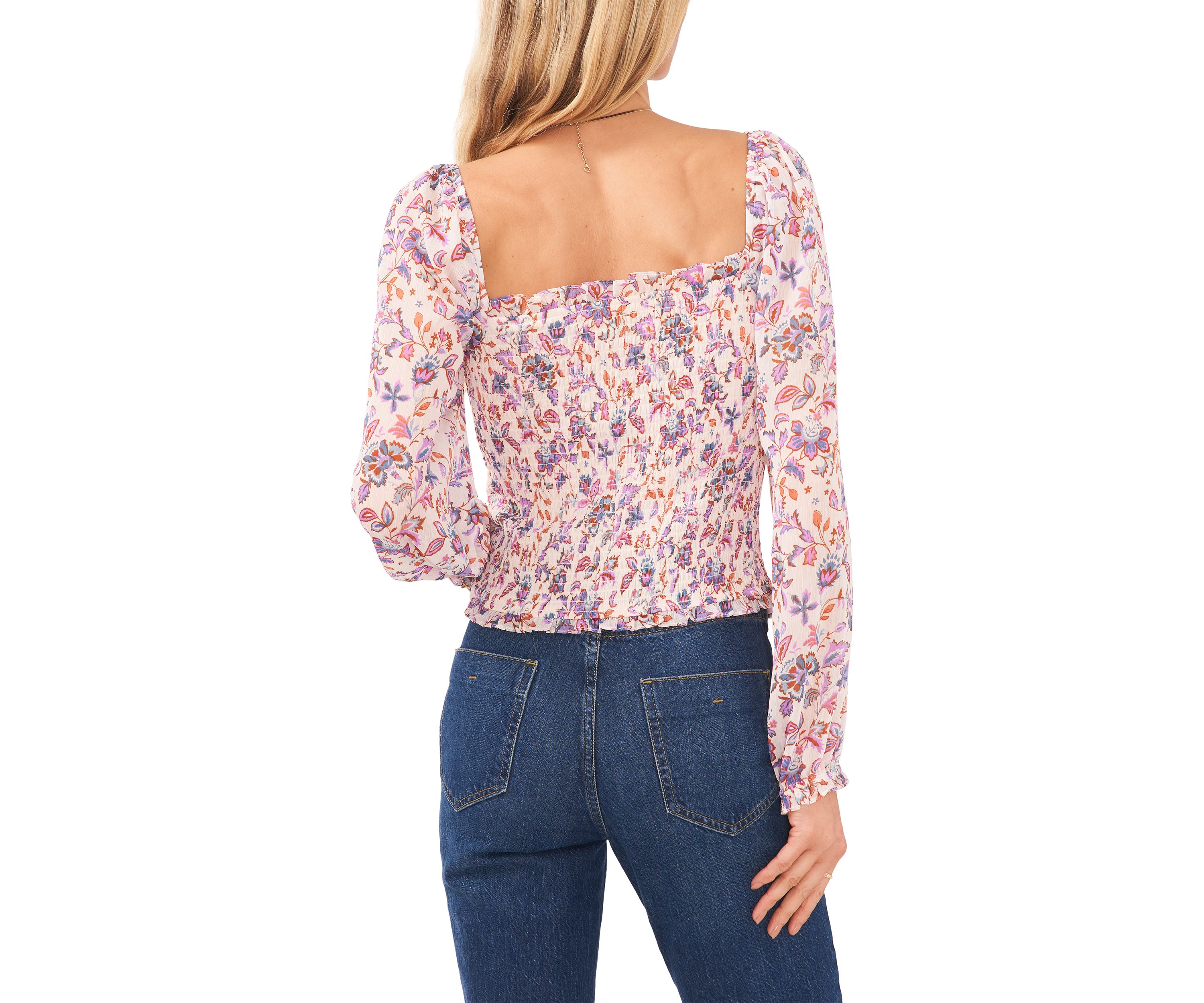 Womens Long Blouson Sleeve Smocked  Bodice Top