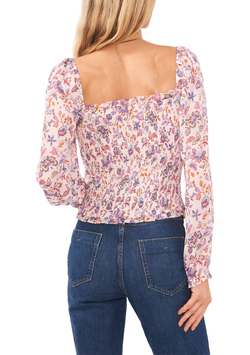 Womens Long Blouson Sleeve Smocked  Bodice Top