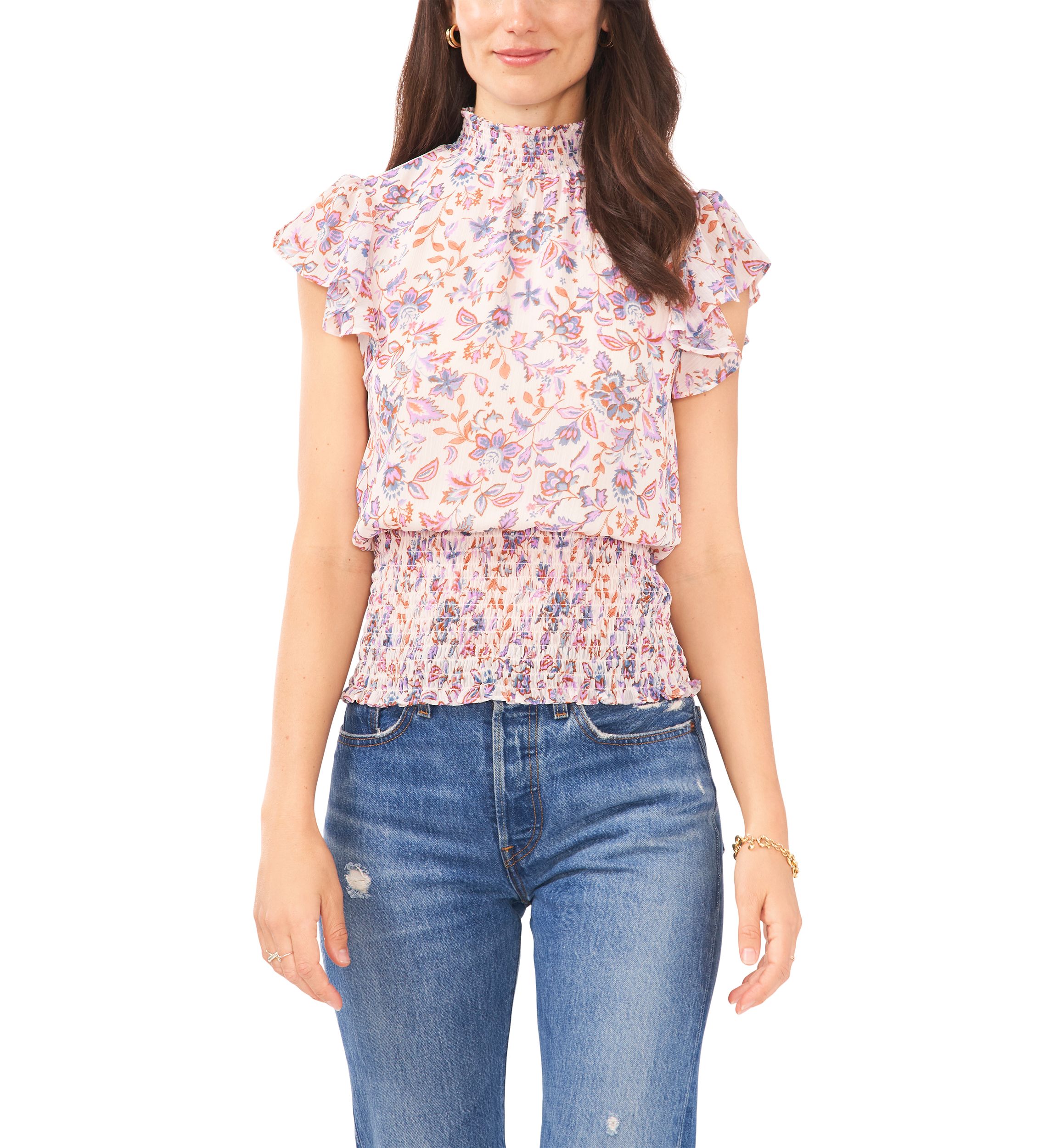 Womens Short Flutter Sleeve Smocked Ruffle Neck Top