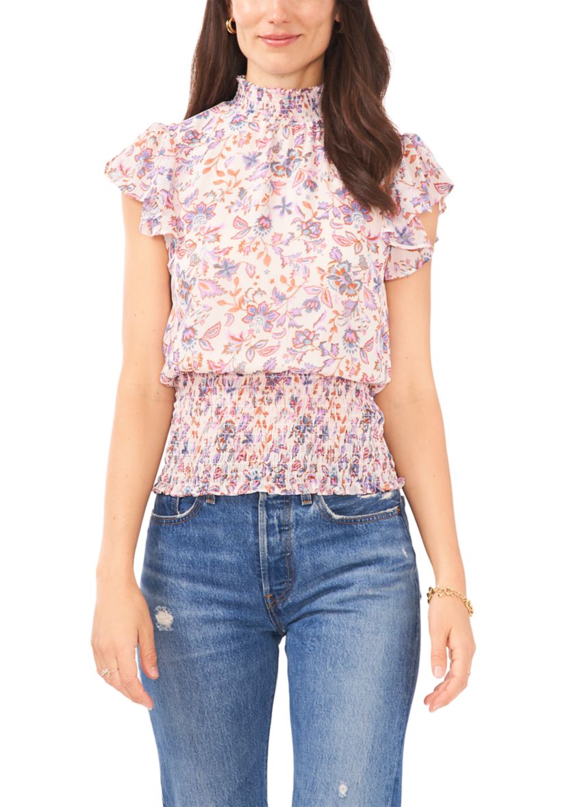 Womens Short Flutter Sleeve Smocked Ruffle Neck Top