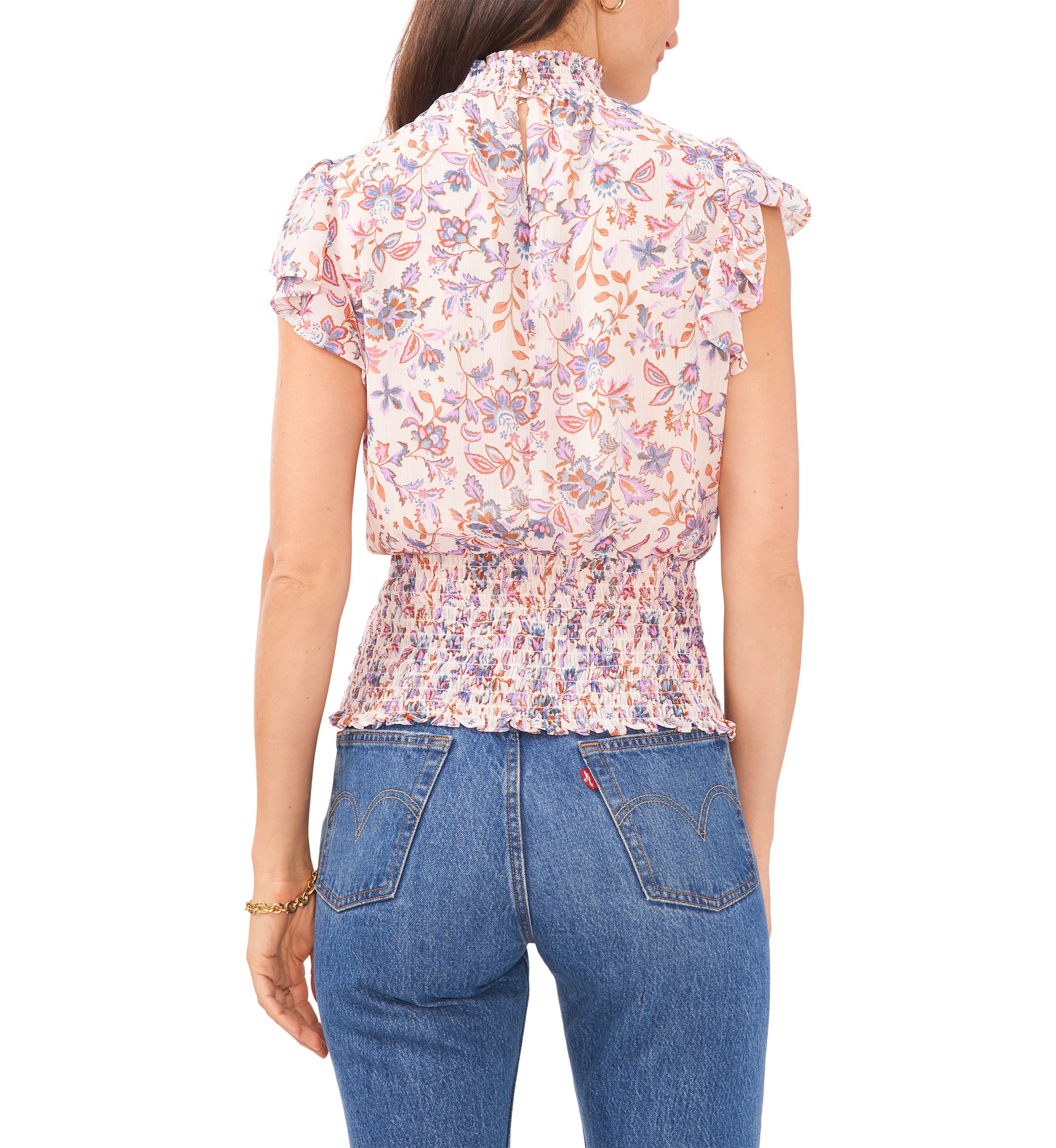 Womens Short Flutter Sleeve Smocked Ruffle Neck Top
